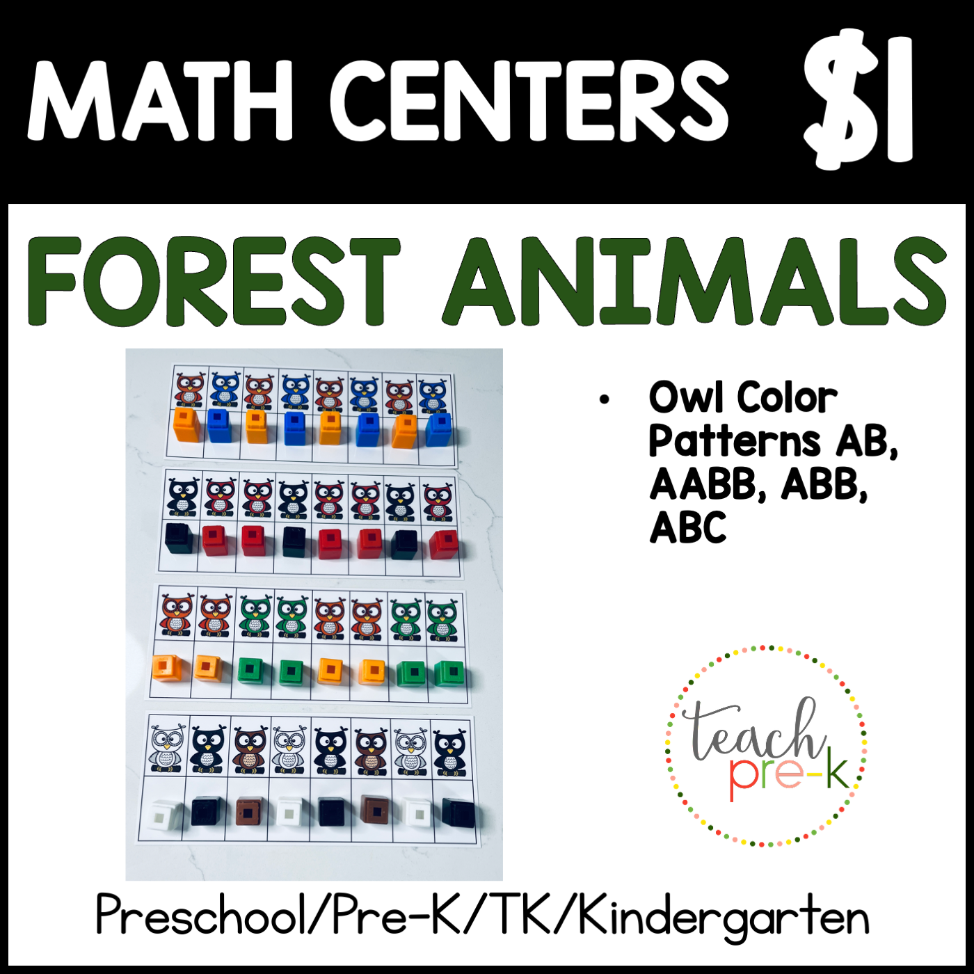 Forest Animals Math Centers/Owl Color Patterns AB, AABB, ABB, ABC