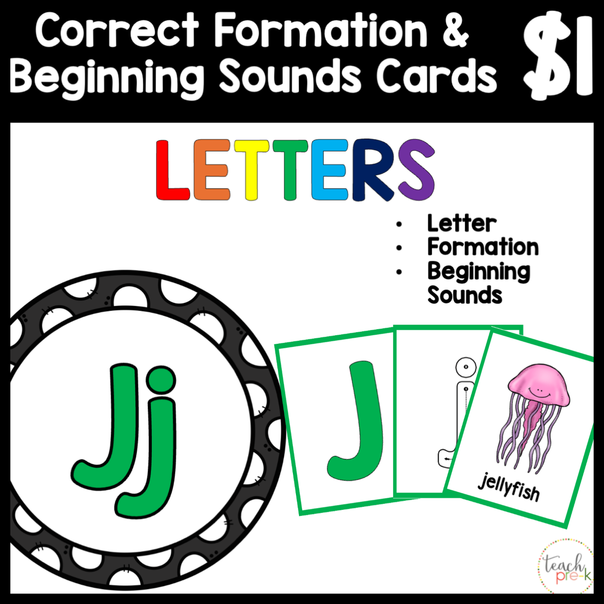 $1 Letters, Formation, & Beginning Sounds Cards-J