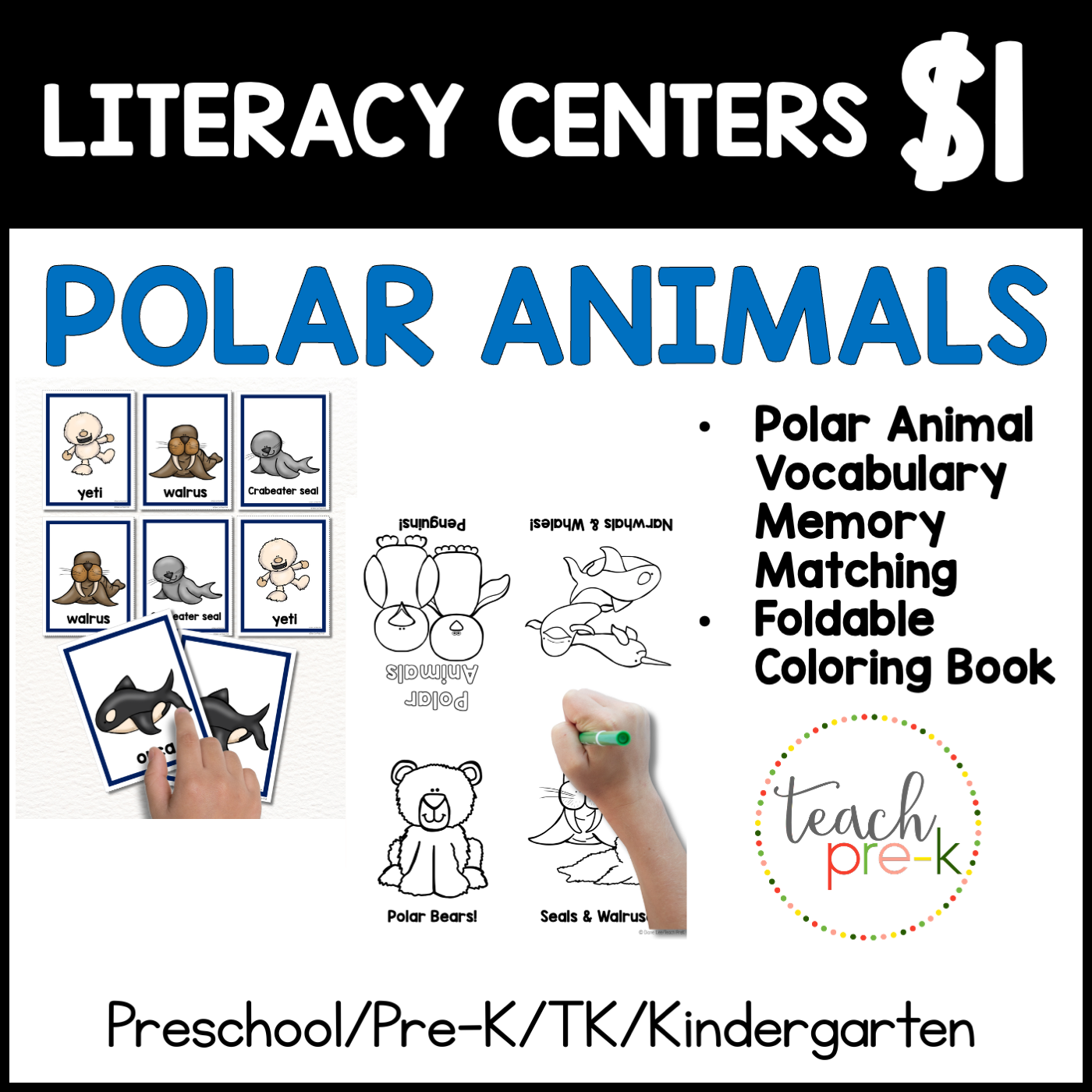 Polar Animals Literacy Center/Vocabulary Memory Matching Cards, & Foldable Coloring Book