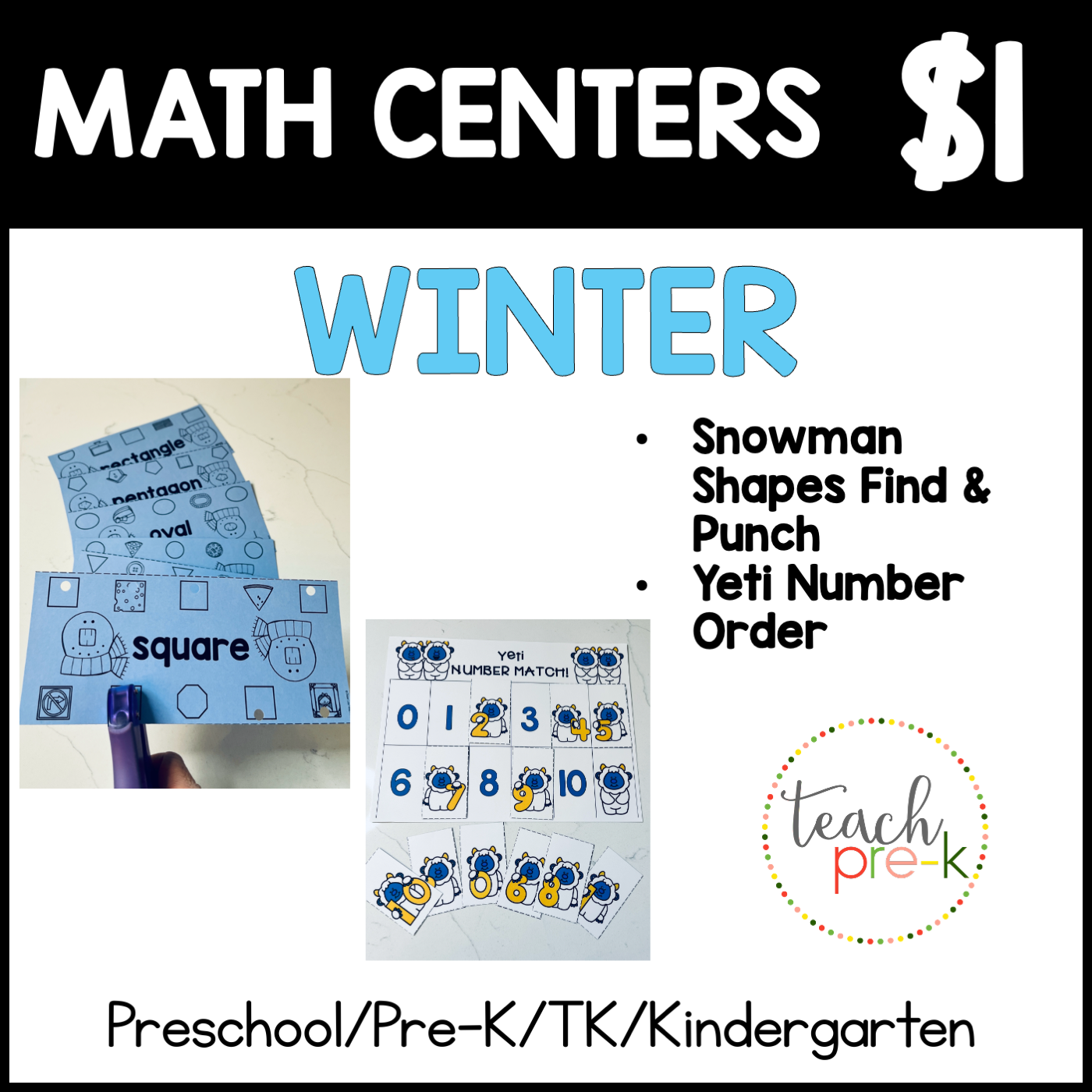 Winter Math Centers/Snowman Shapes Find & Punch, & Yeti Number Order Activity