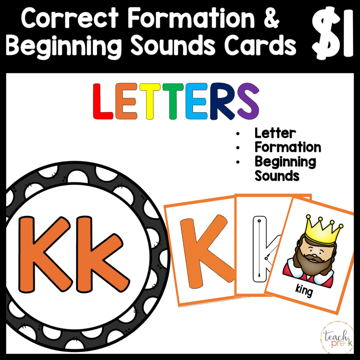 $1 Letters, Formation, & Beginning Sounds Cards-K