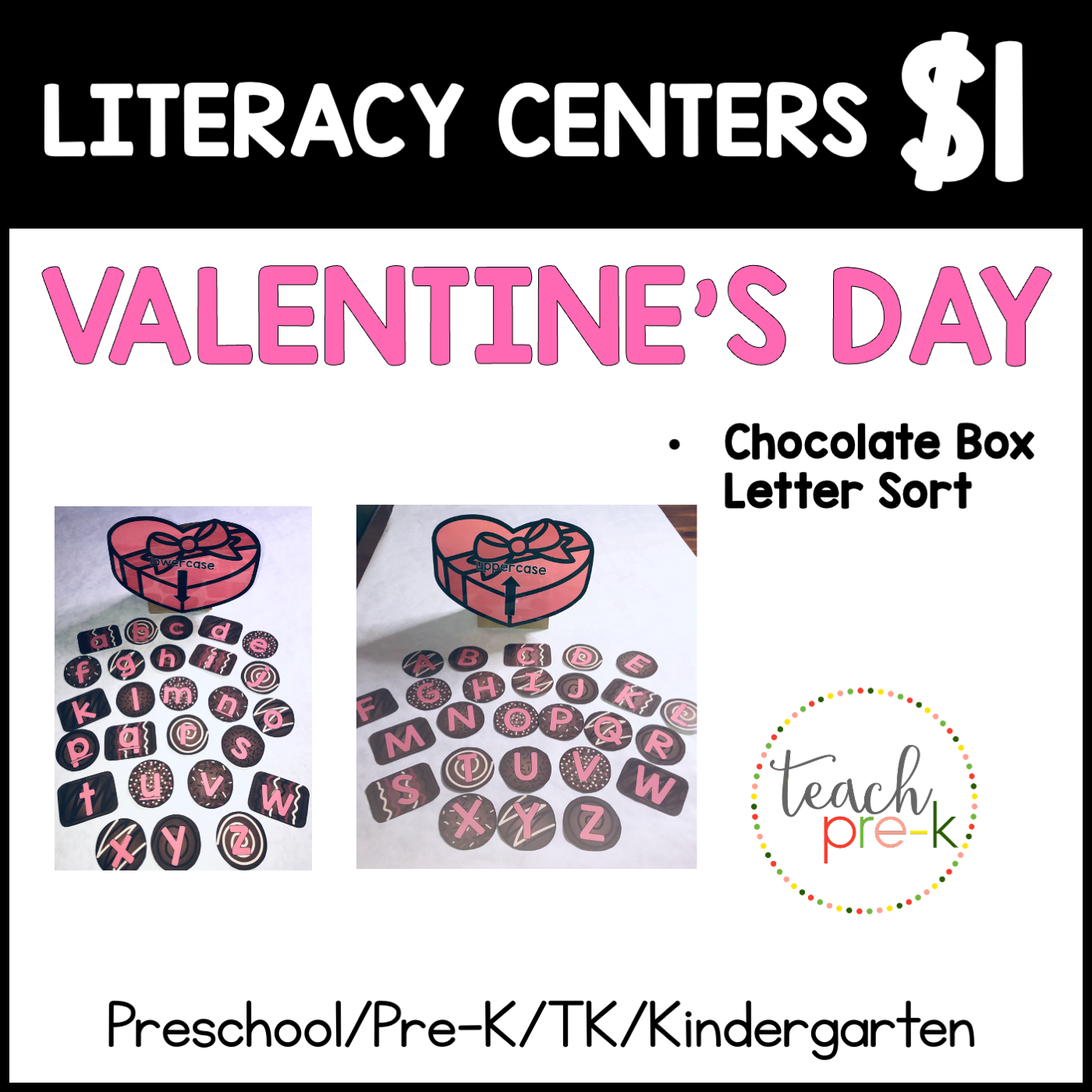 Valentine's Day Literacy Centers/Chocolates & Box Upper & Lowercase Letter Sorting