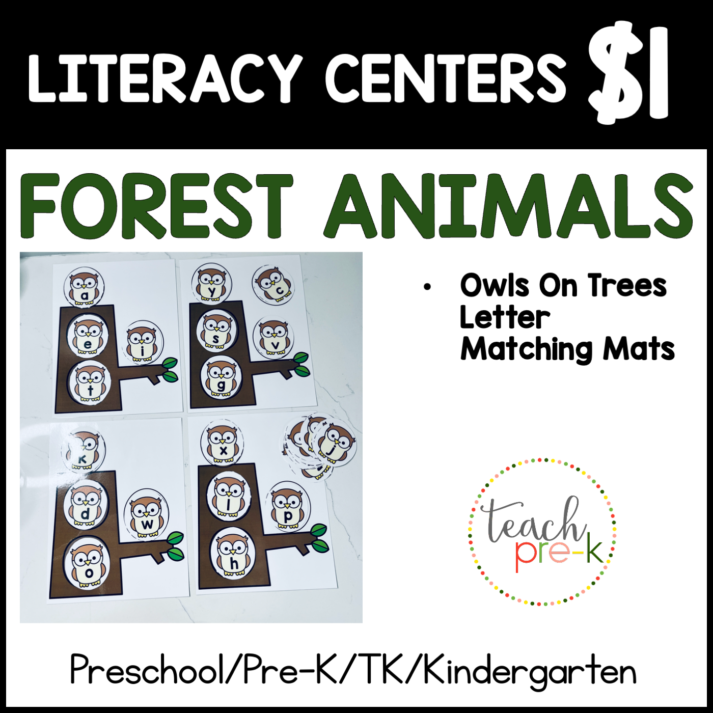 Forest Animals Literacy Centers/Owls In Trees Letter Matching Mats