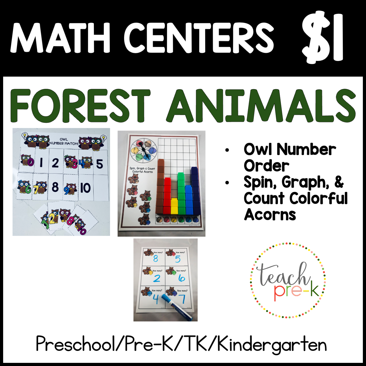 Forest Animals Math Centers/Spin, Graph & Count Colorful Acorns, & Owl Number Order