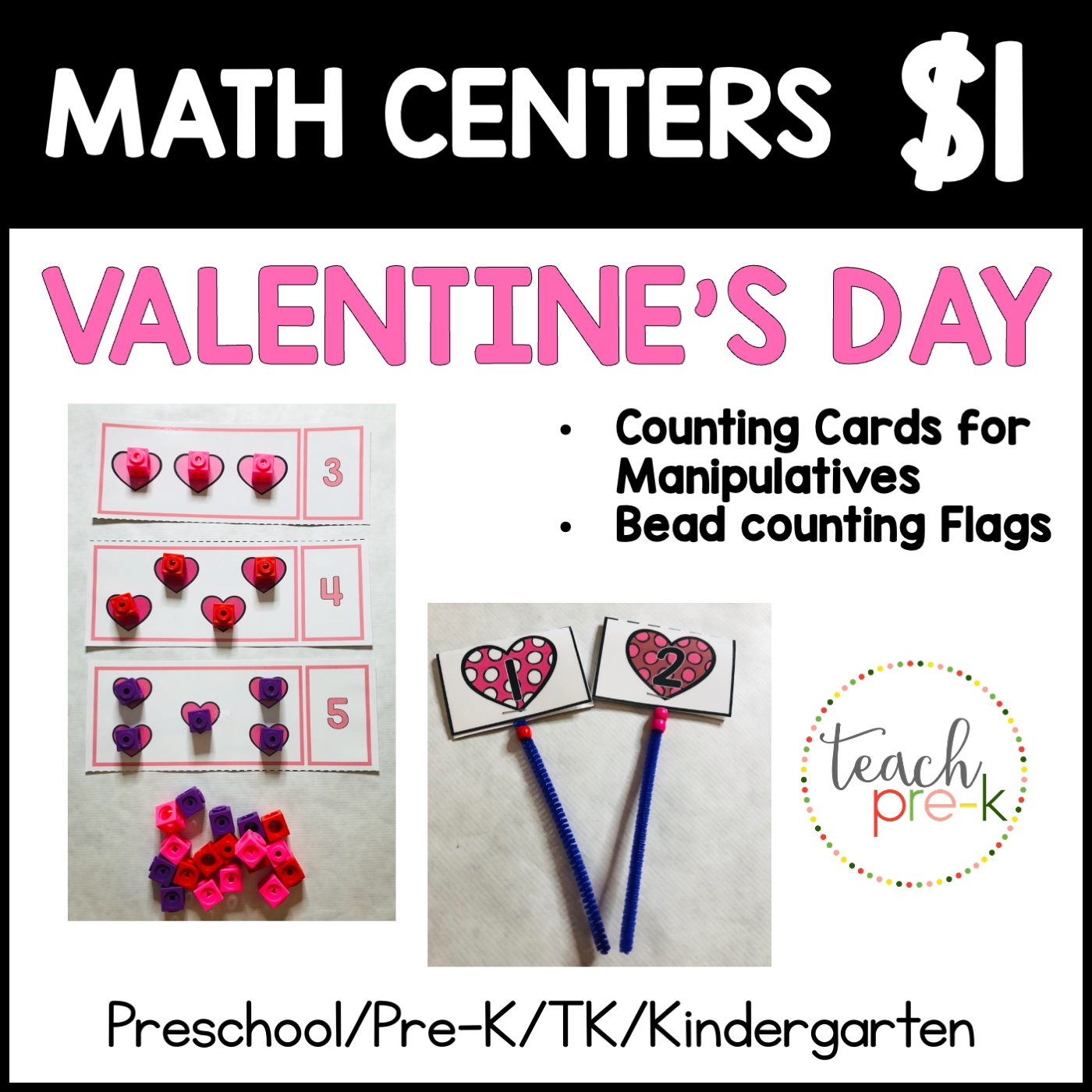 Valentine's Day Math Centers/Counting Cards For Manipulatives, & Valentine Bead Flags