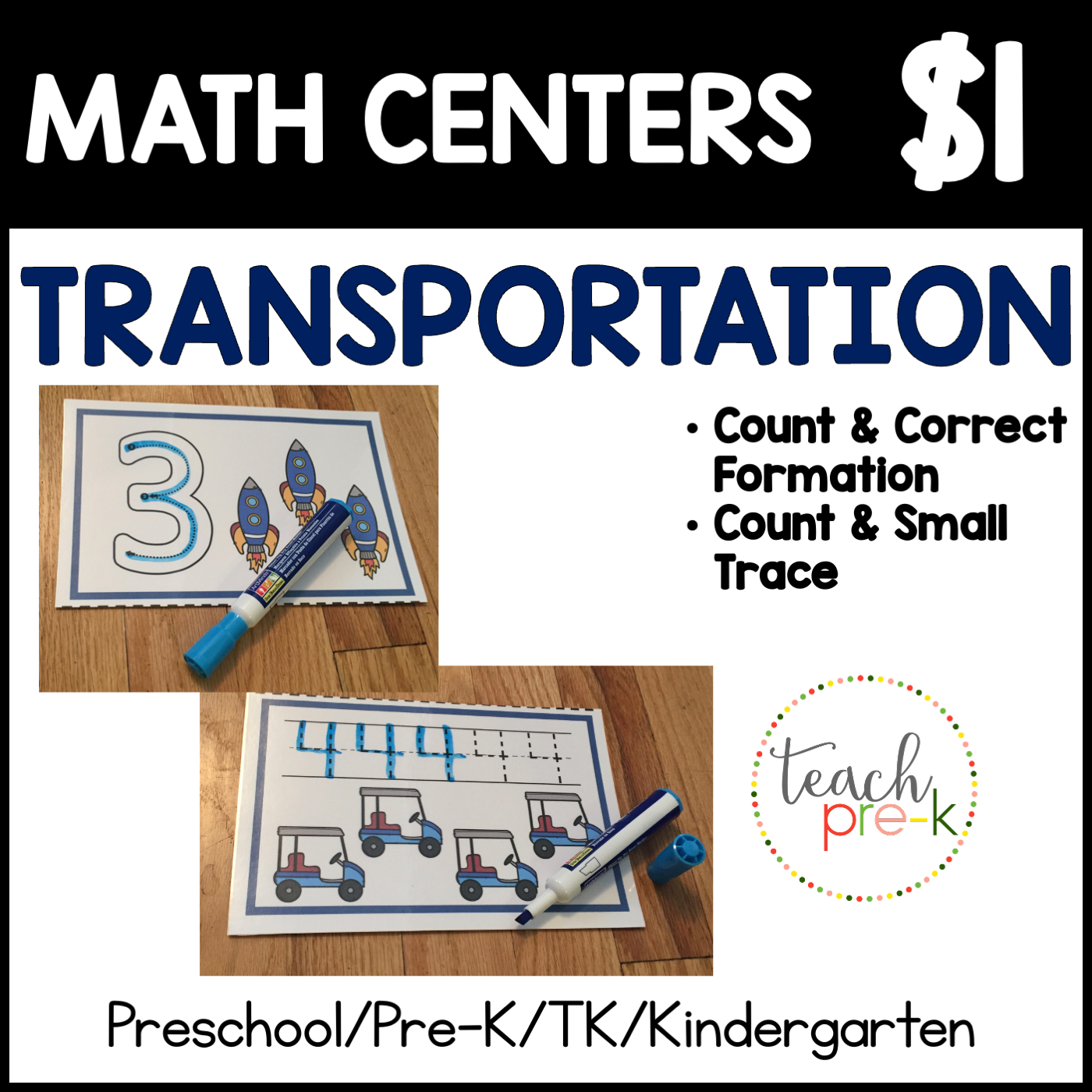 Transportation Math Centers/Count & Trace the Large Correct Formation Number, & Count & Small Trace Practice Cards