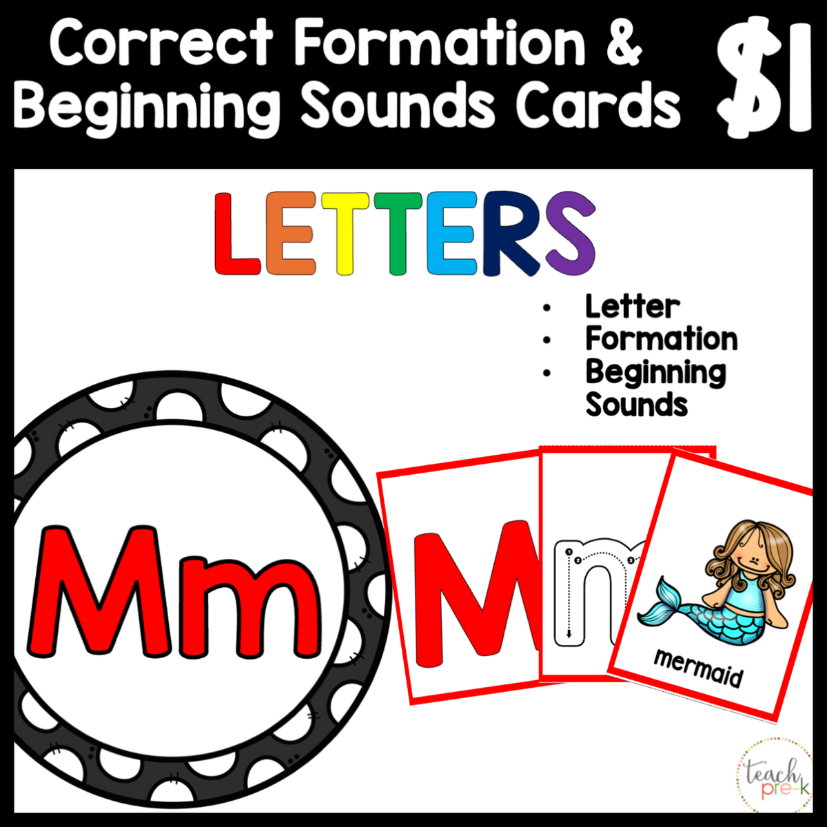 $1 Letters, Formation, & Beginning Sounds Cards-M