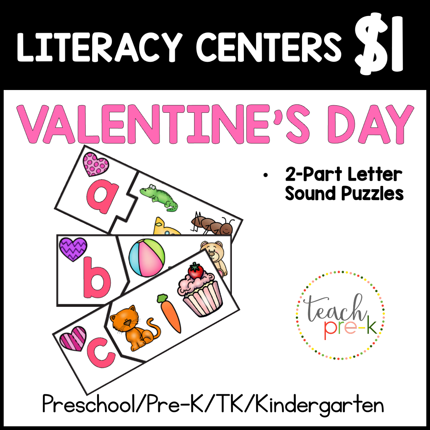 Valentine's Day Literacy Centers/Letter & Sound Match 2-Part Puzzles