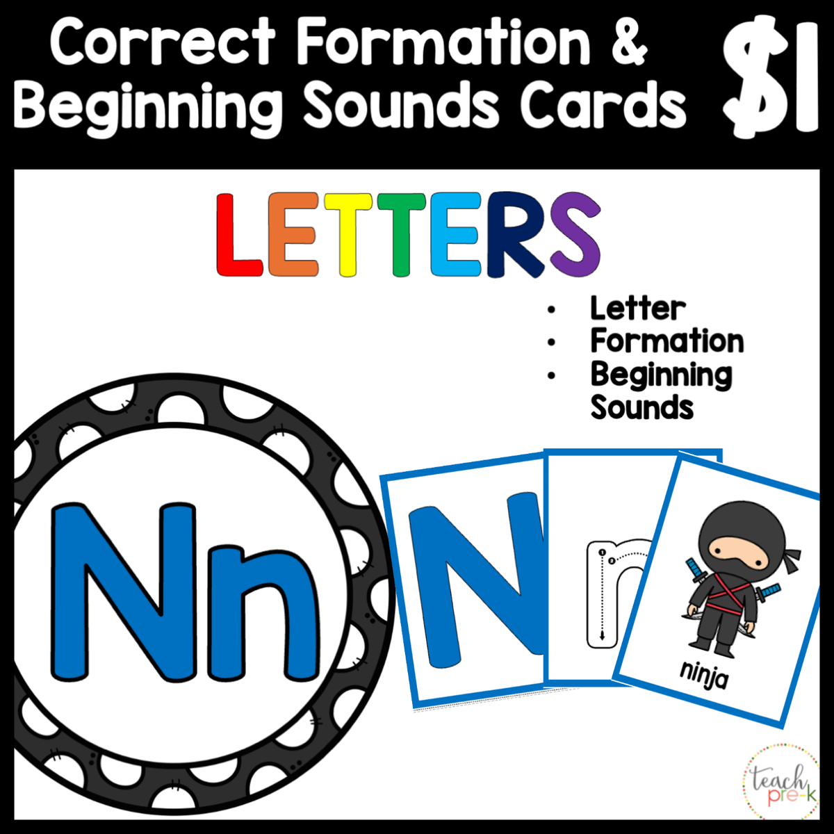 $1 Letters, Formation, & Beginning Sounds Cards-N