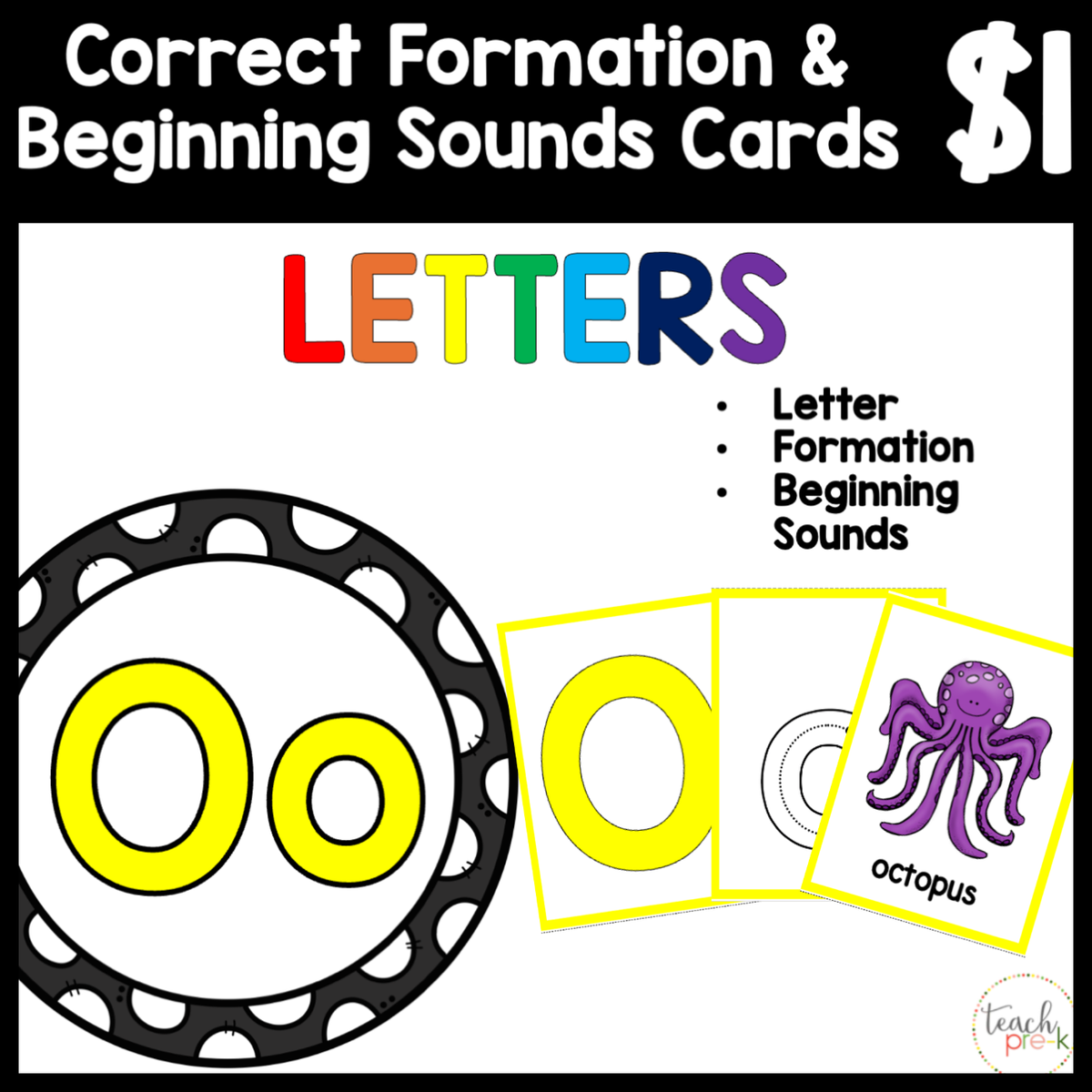 $1 Letters, Formation, & Beginning Sounds Cards-O