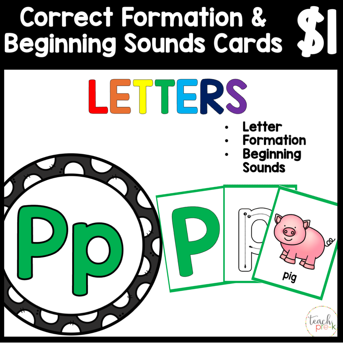 $1 Letters, Formation, & Beginning Sounds Cards-P