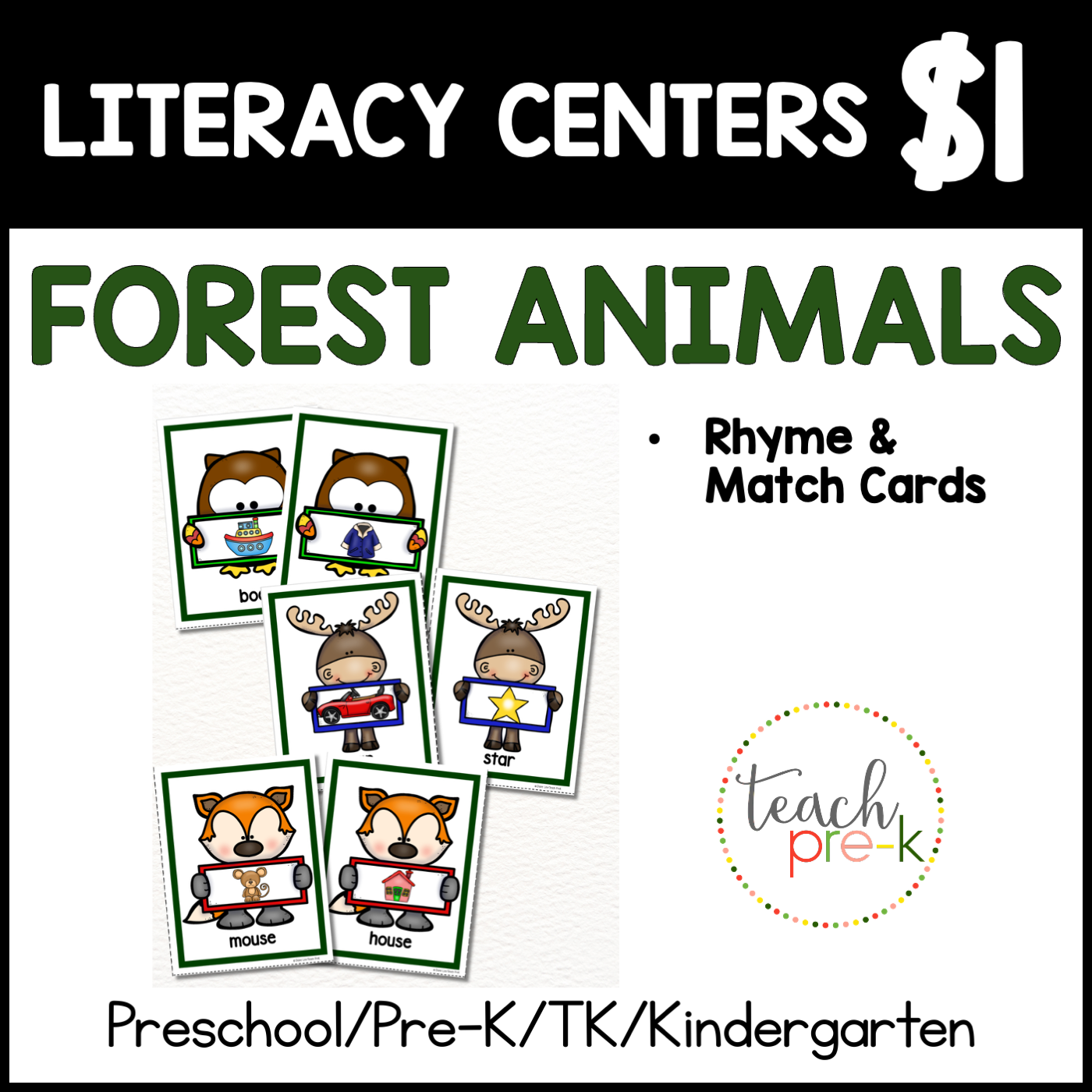 Forest Animals Literacy Centers/Rhyme & Match Cards