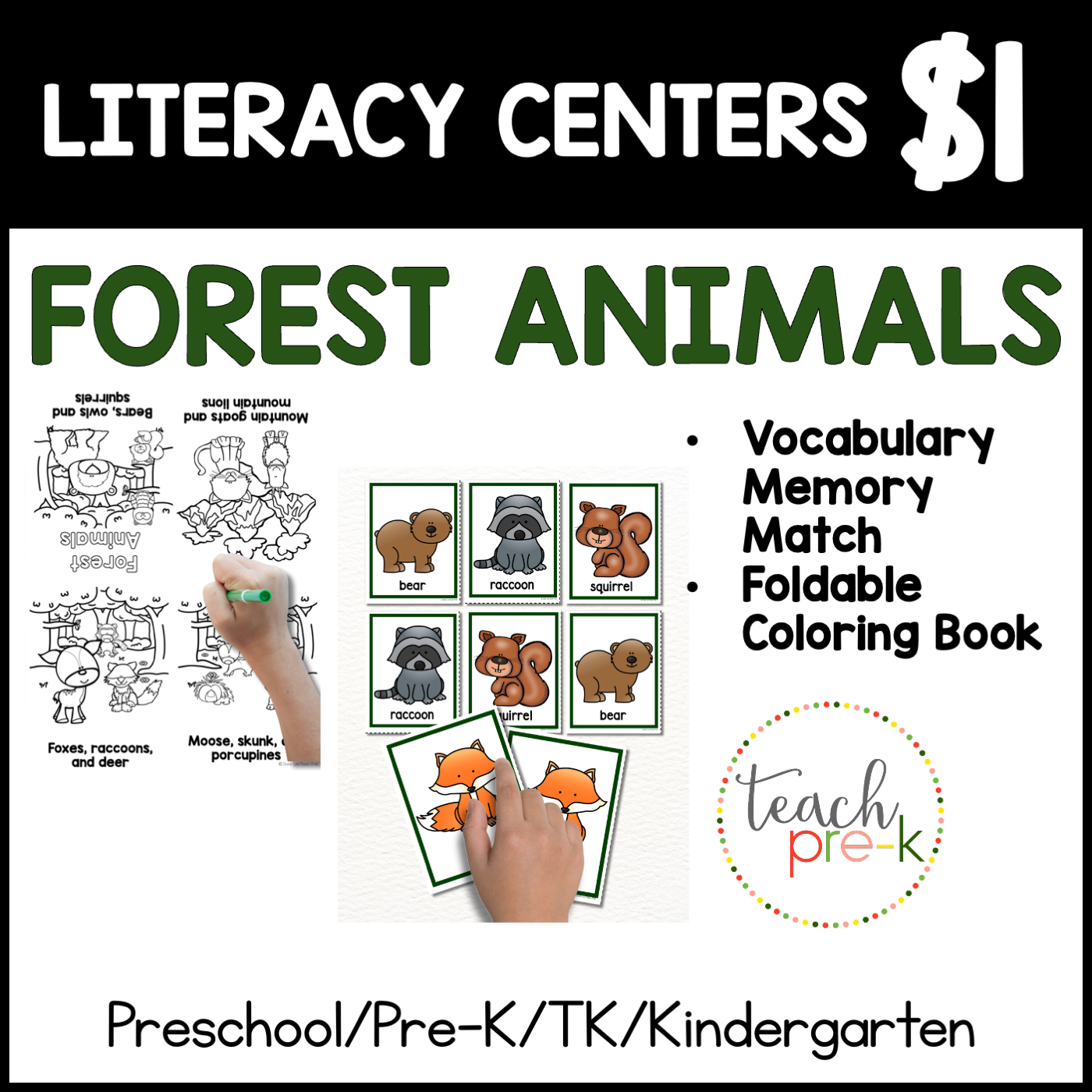 Forest Animals Literacy Centers/Vocabulary Memory Match & Foldable Coloring Book