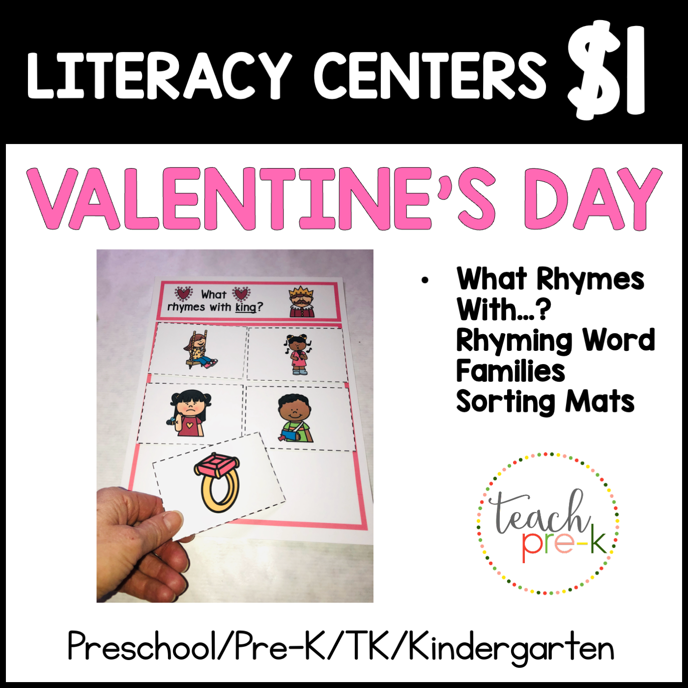 Valentine's Day Literacy Centers/What Rhymes With...? Rhyming Word Families Sorting Mats
