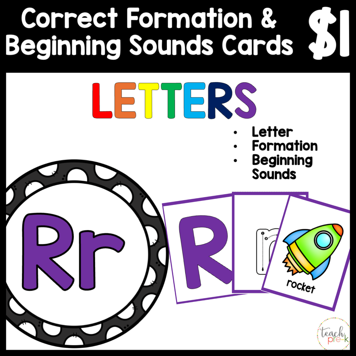 $1 Letters, Formation, & Beginning Sounds Cards-R