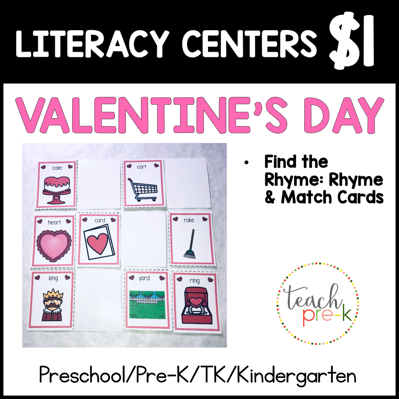 Valentine's Day Literacy Centers/Find the Rhyme; Rhyme & Match Cards