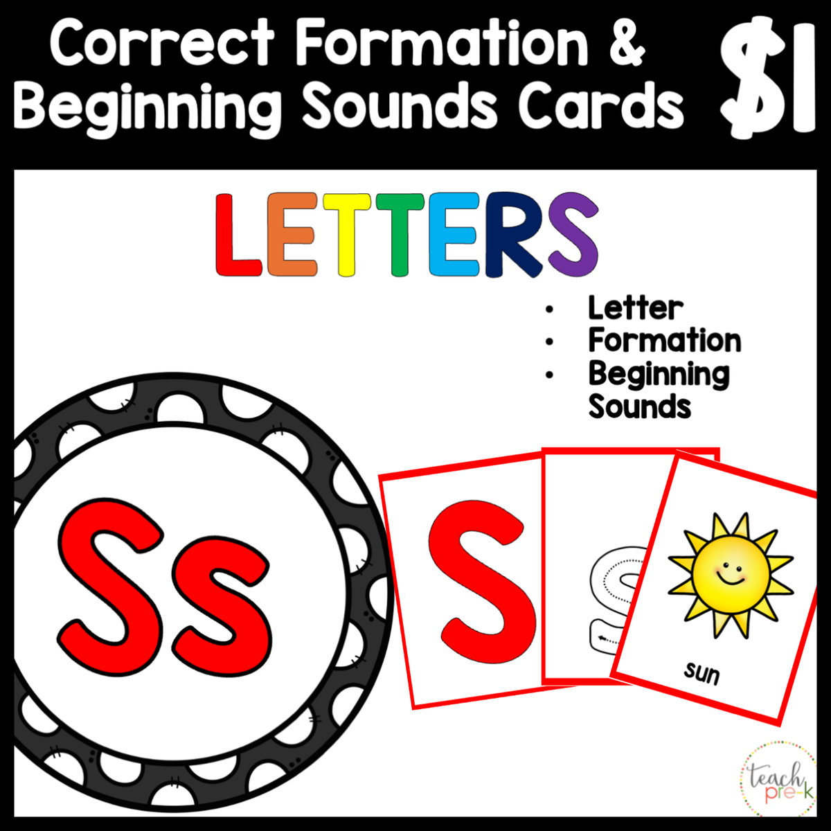 $1 Letters, Formation, & Beginning Sounds Cards-S