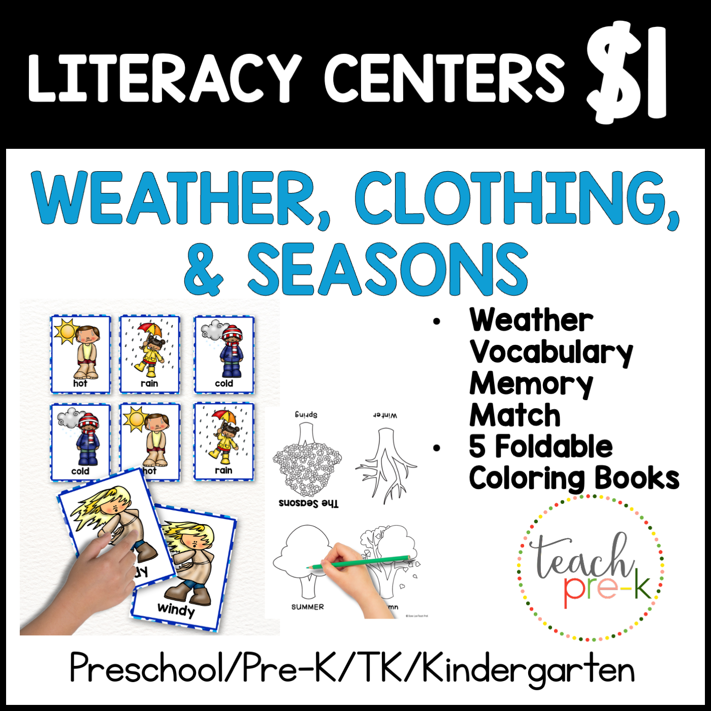 Weather Literacy Centers/Foldable Coloring Book & Vocabulary Memory Matching Cards