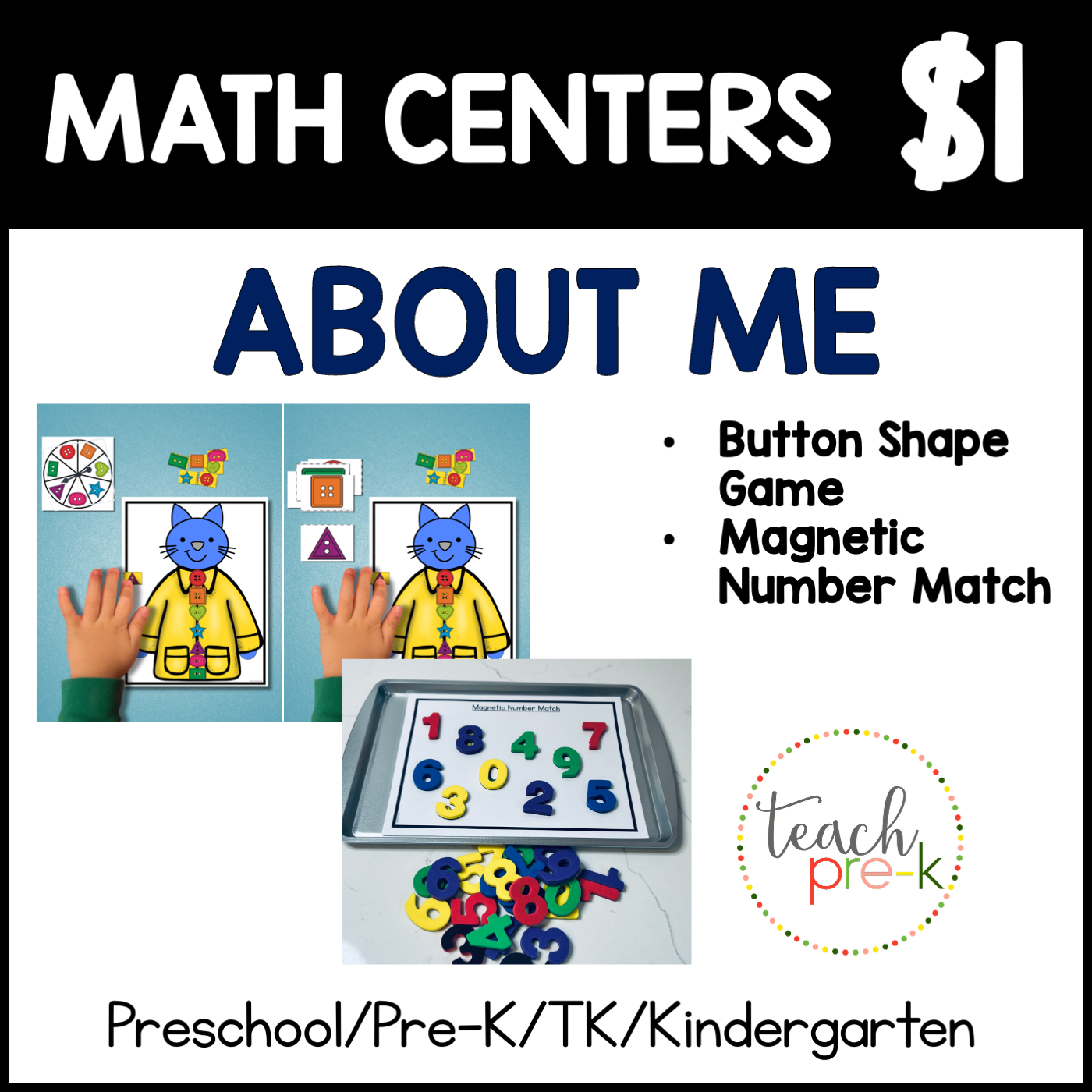 About Me Math Center/Pete the Cat Shape Buttons Mats, & Magnetic Number Match Mats