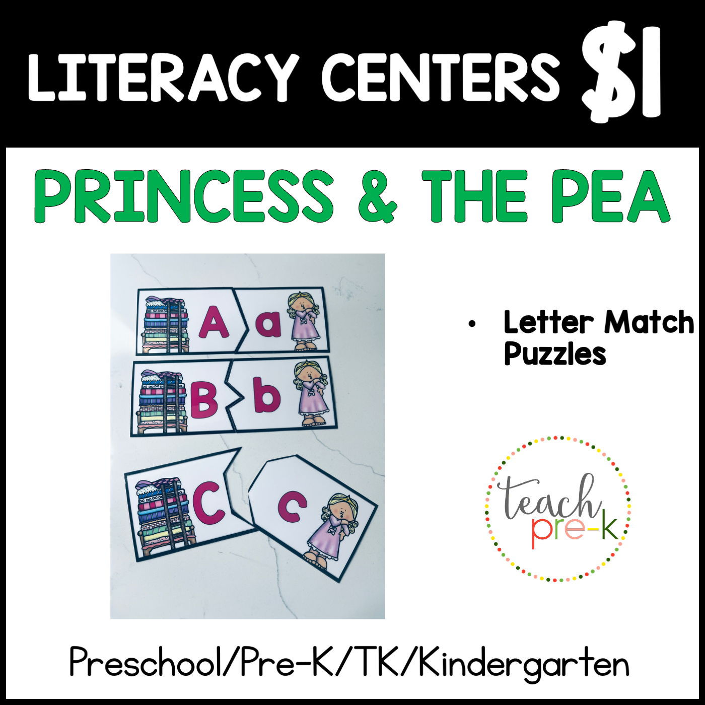 Princess & the Pea Literacy Center/Letter Match Puzzles