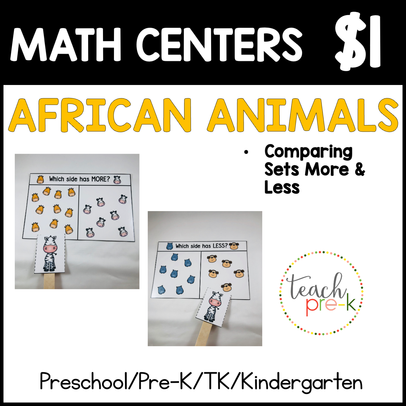 African Animals Math Centers/Comparing Sets: More & Less