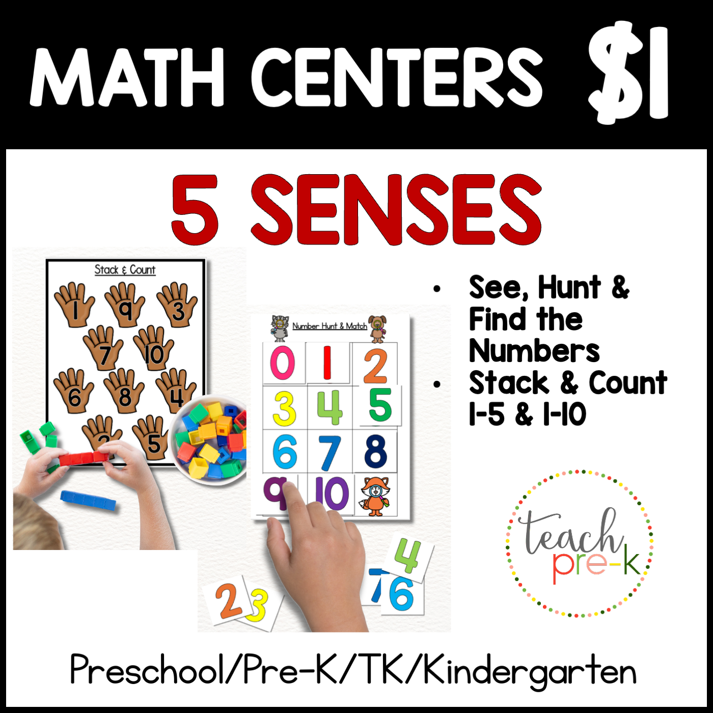 5 Senses Math Centers/Count & Stack 1-6, & 1-10, & See the Number...Find the Number