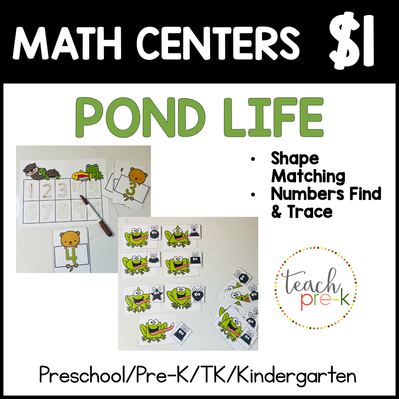 Pond Life Math Centers/ Shape Matching & Number Find & Trace