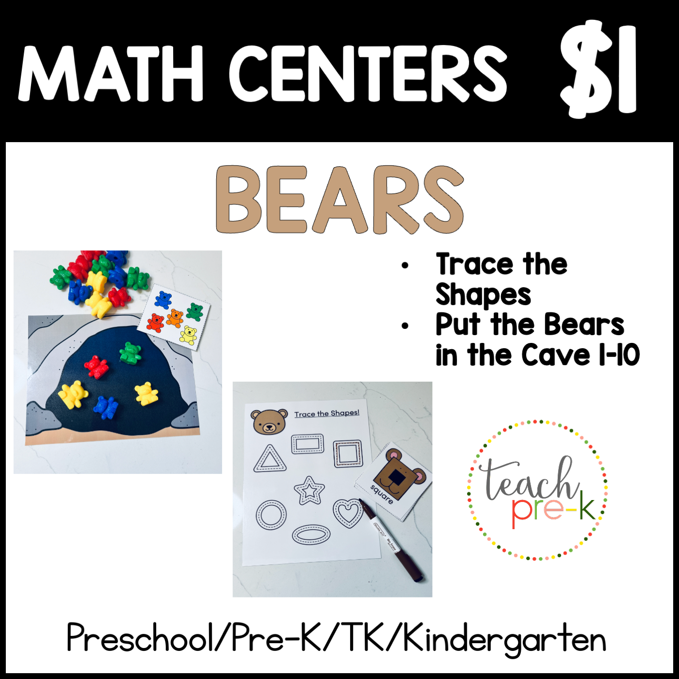 Bears Math Centers/Shape Trace, & Count & Place the Bears in Caves Mats