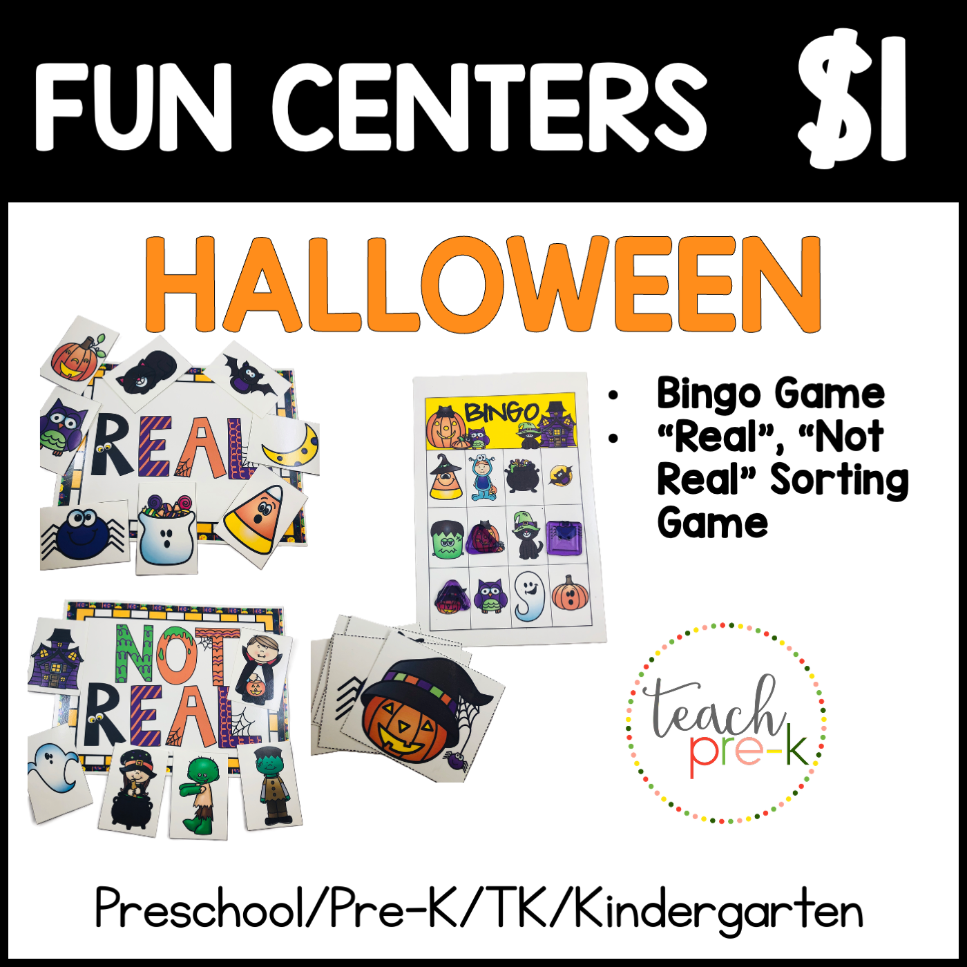 Halloween Fun Centers/Bingo, & Real/Not Real Sorting Game