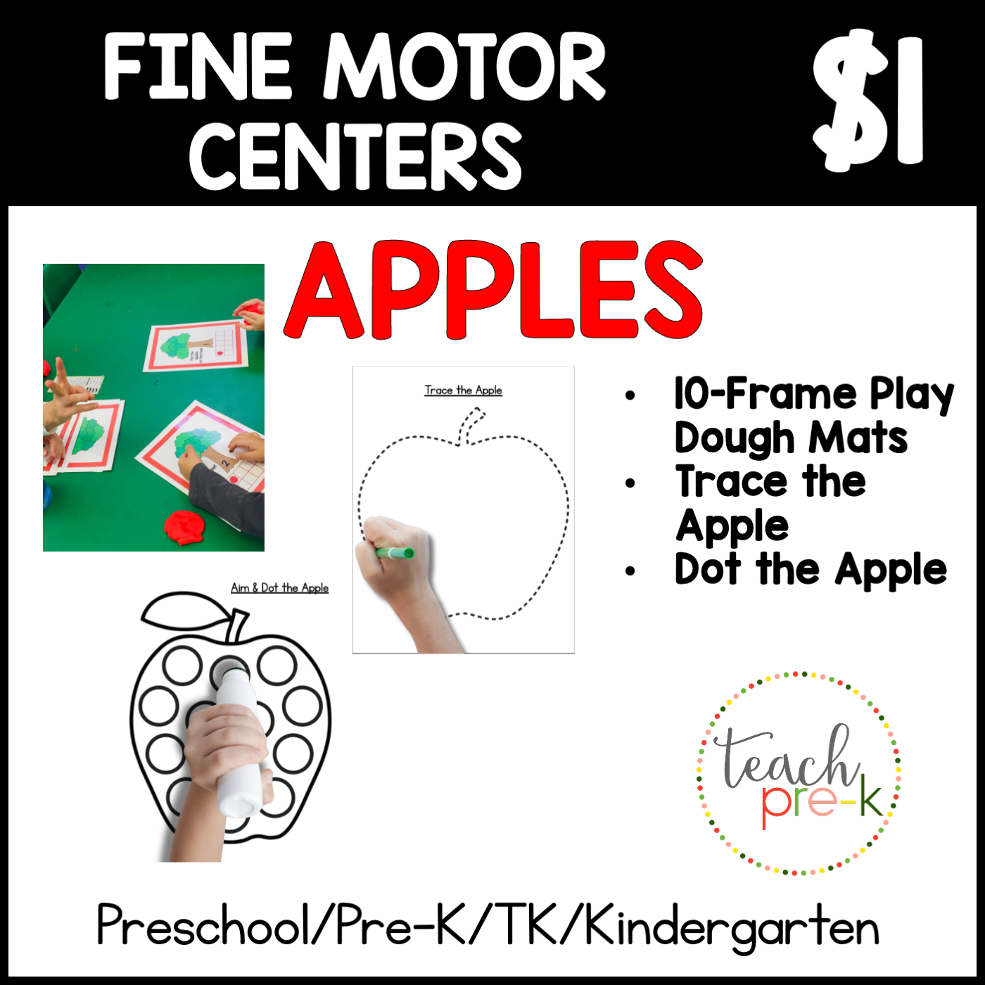 Apples Fine Motor Centers/Trace the Apple, Dot the Apple, and Apple Tree 10-Frame Play Dough Mats