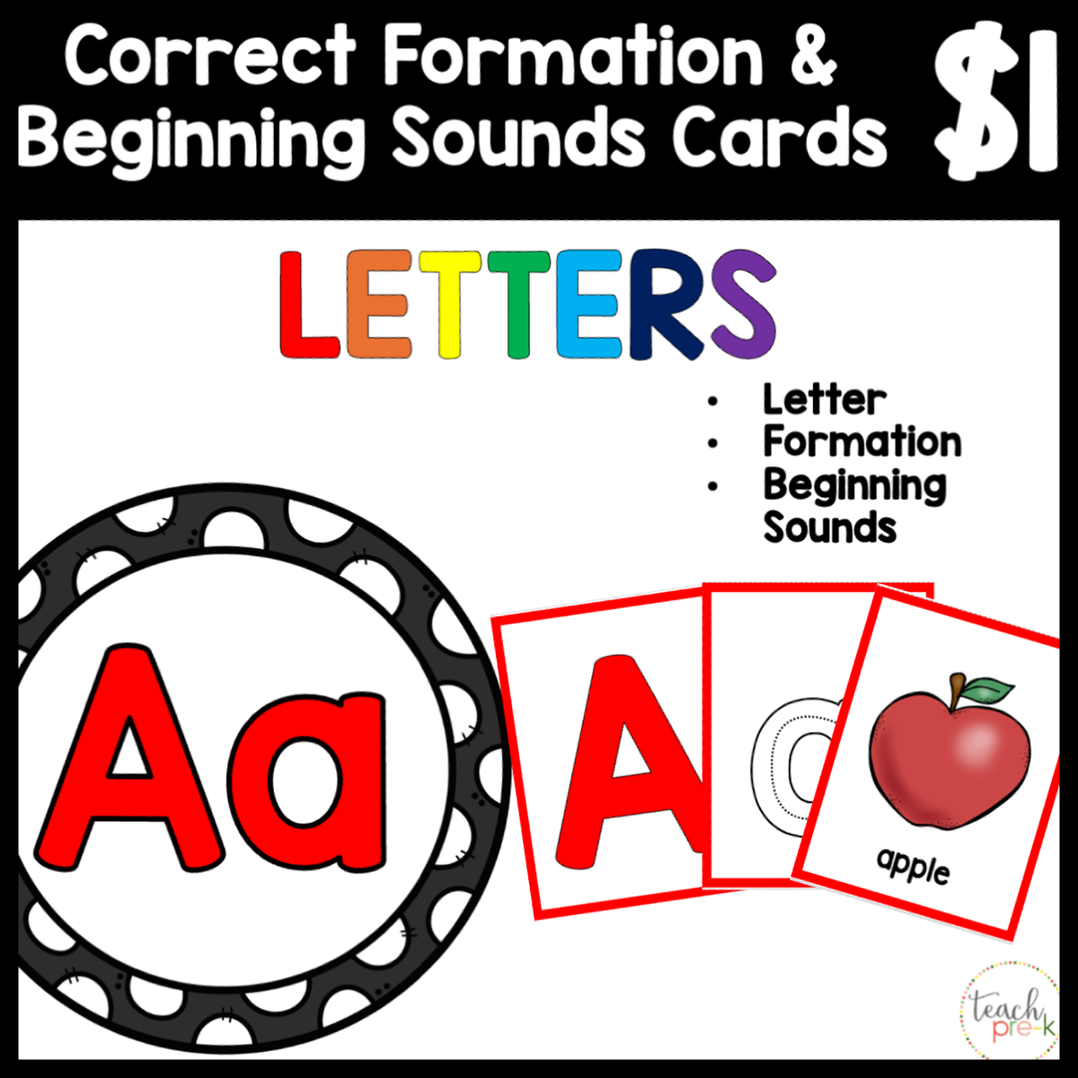 $1 Letters, Formation, & Beginning Sounds Cards-A