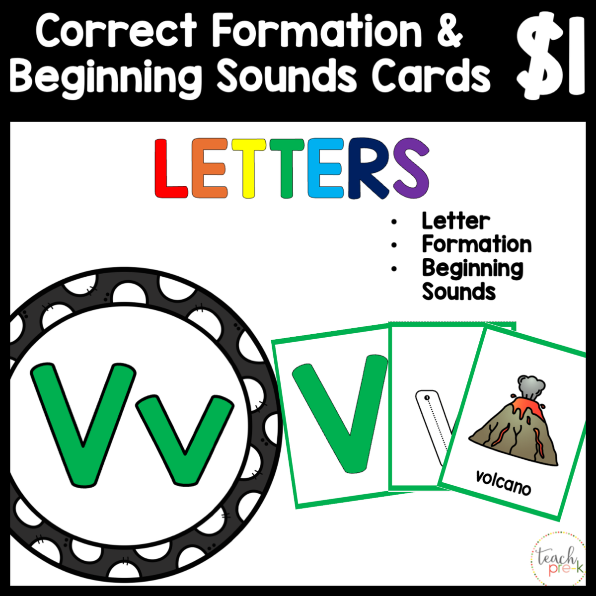 $1 Letters, Formation, & Beginning Sounds Cards-V