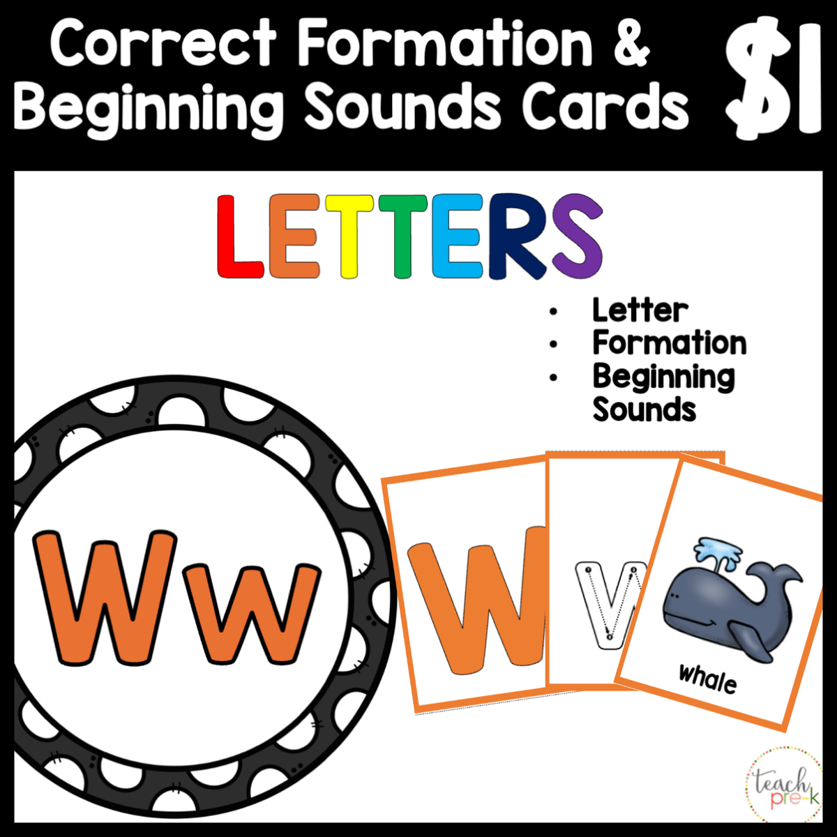 $1 Letters, Formation, & Beginning Sounds Cards-W