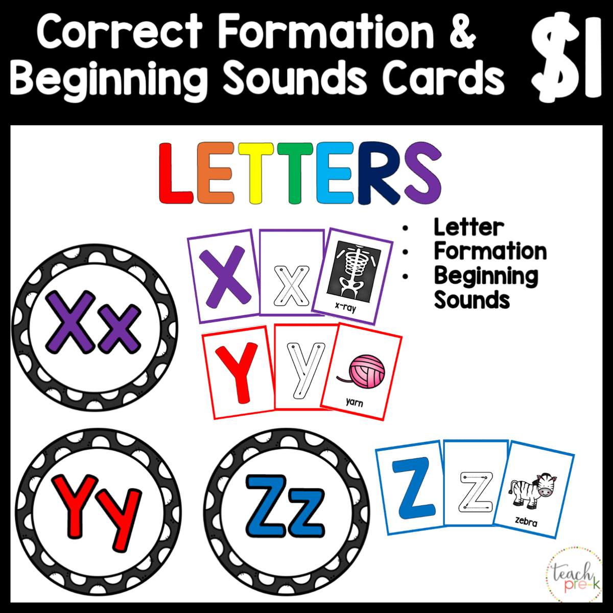$1 Letters, Formation, & Beginning Sounds Cards-X, Y, & Z