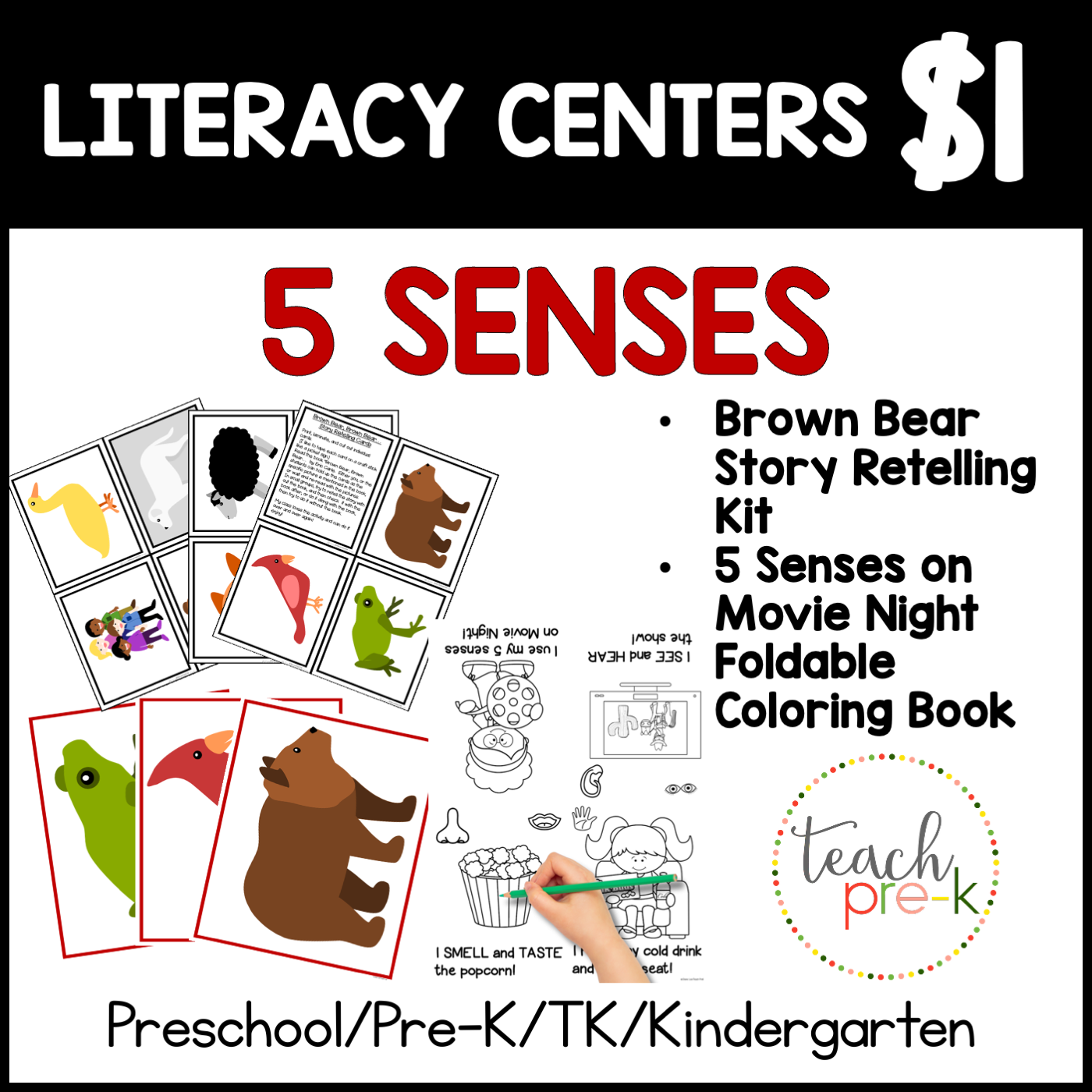 5 Senses Literacy Centers/Brown Bear, Story Props, & Foldable Coloring Book