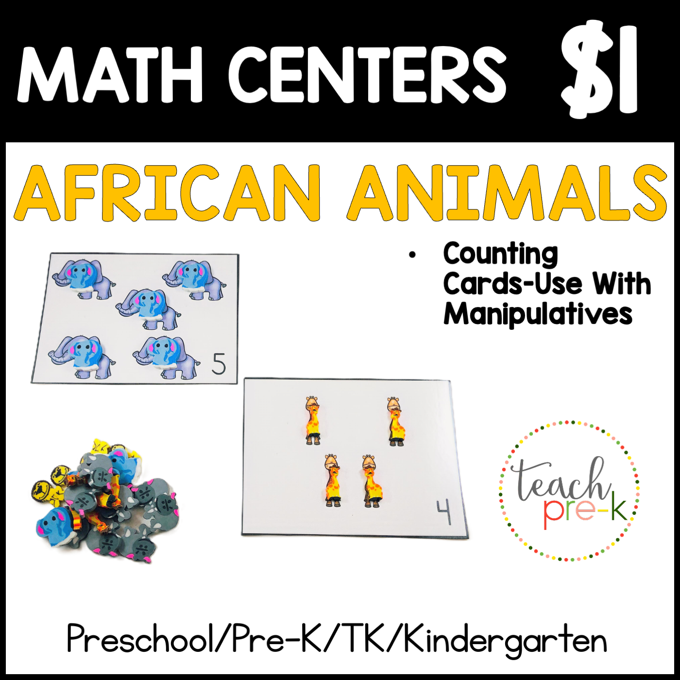 African Animals Math Centers/Counting Cards to Use With Manipulatives
