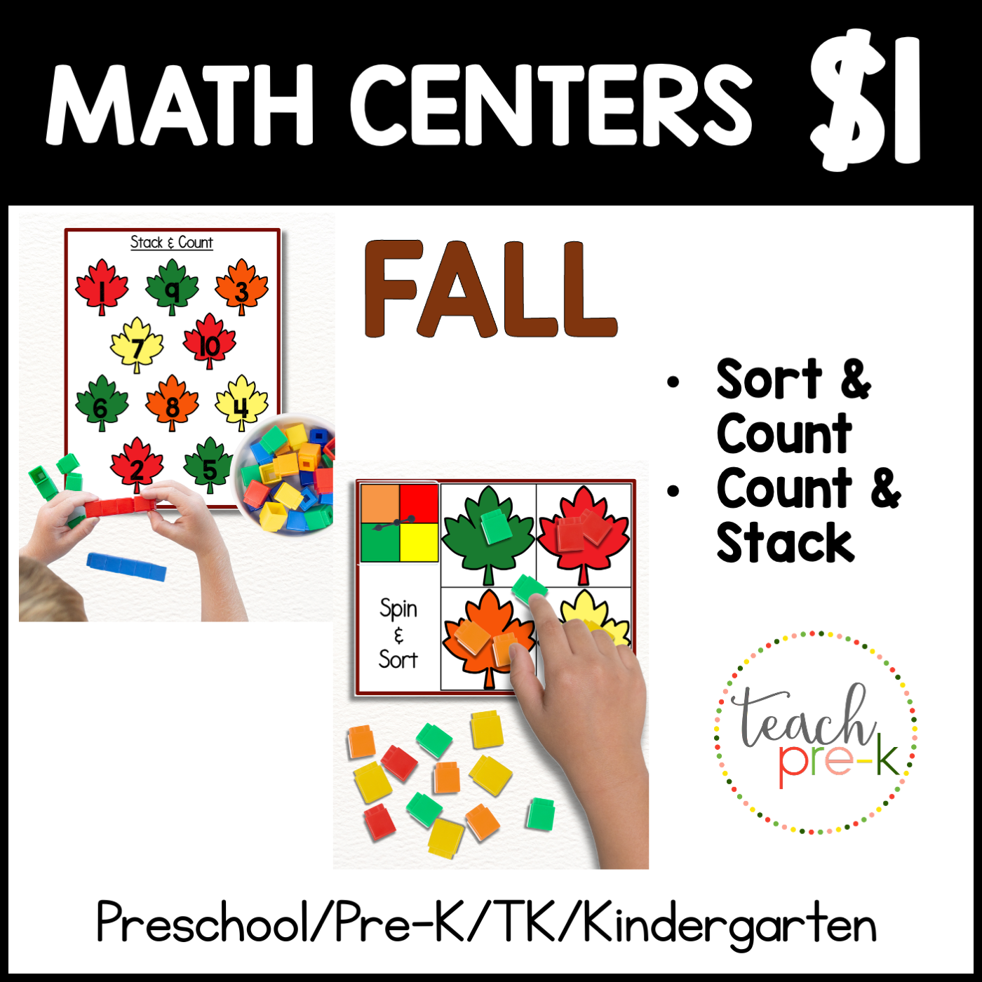 Fall Math Centers/Count & Stack 1-5/1-10 & Spin & Sort