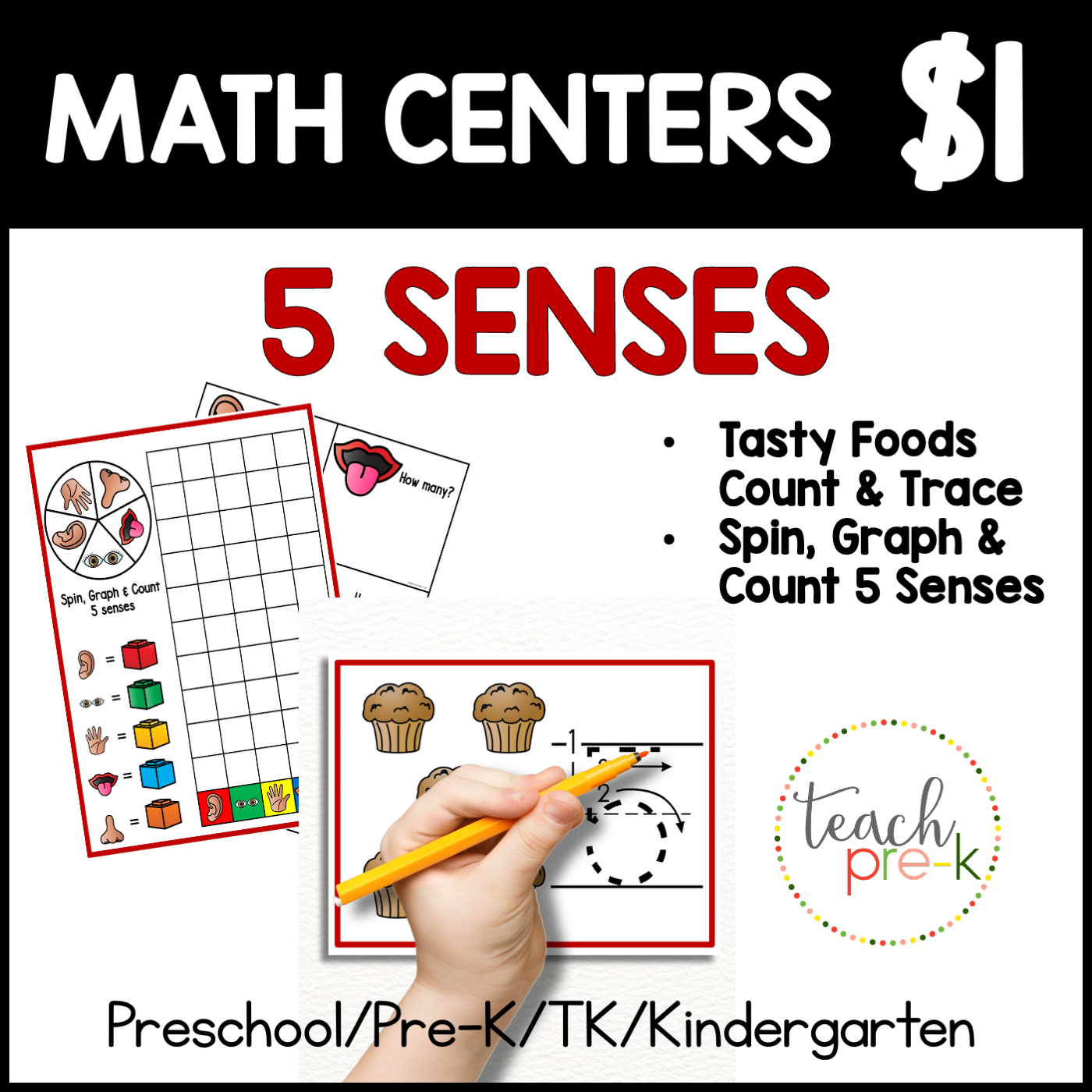5 Senses Math Centers/Count & Trace, & Spin, Graph & Count