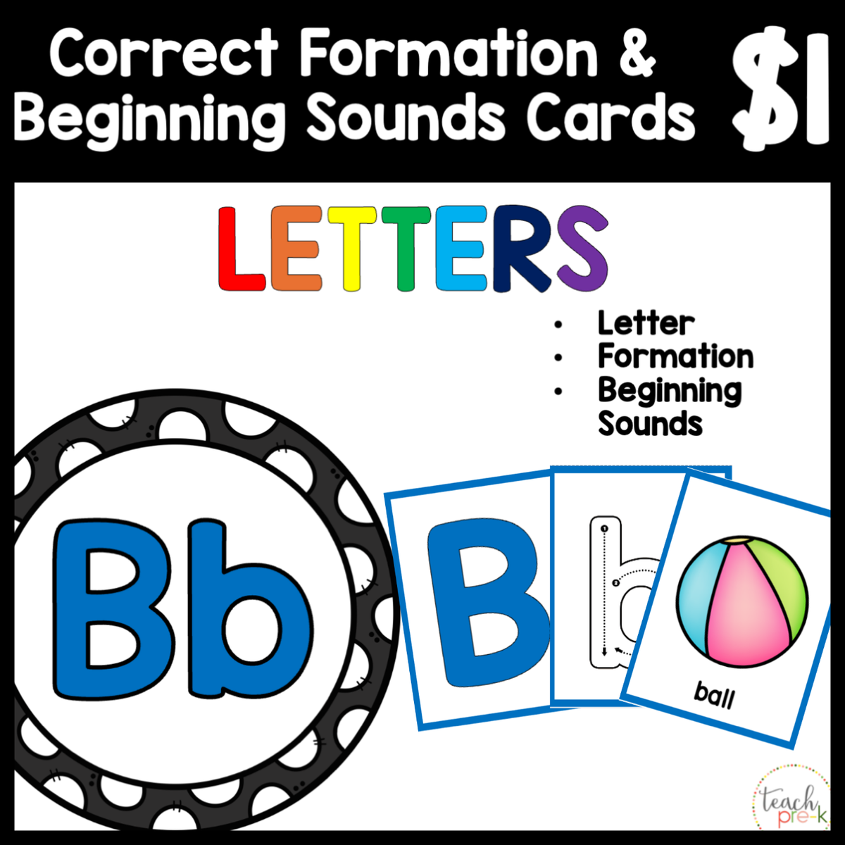 $1 Letters, Formation, & Beginning Sounds Cards-B