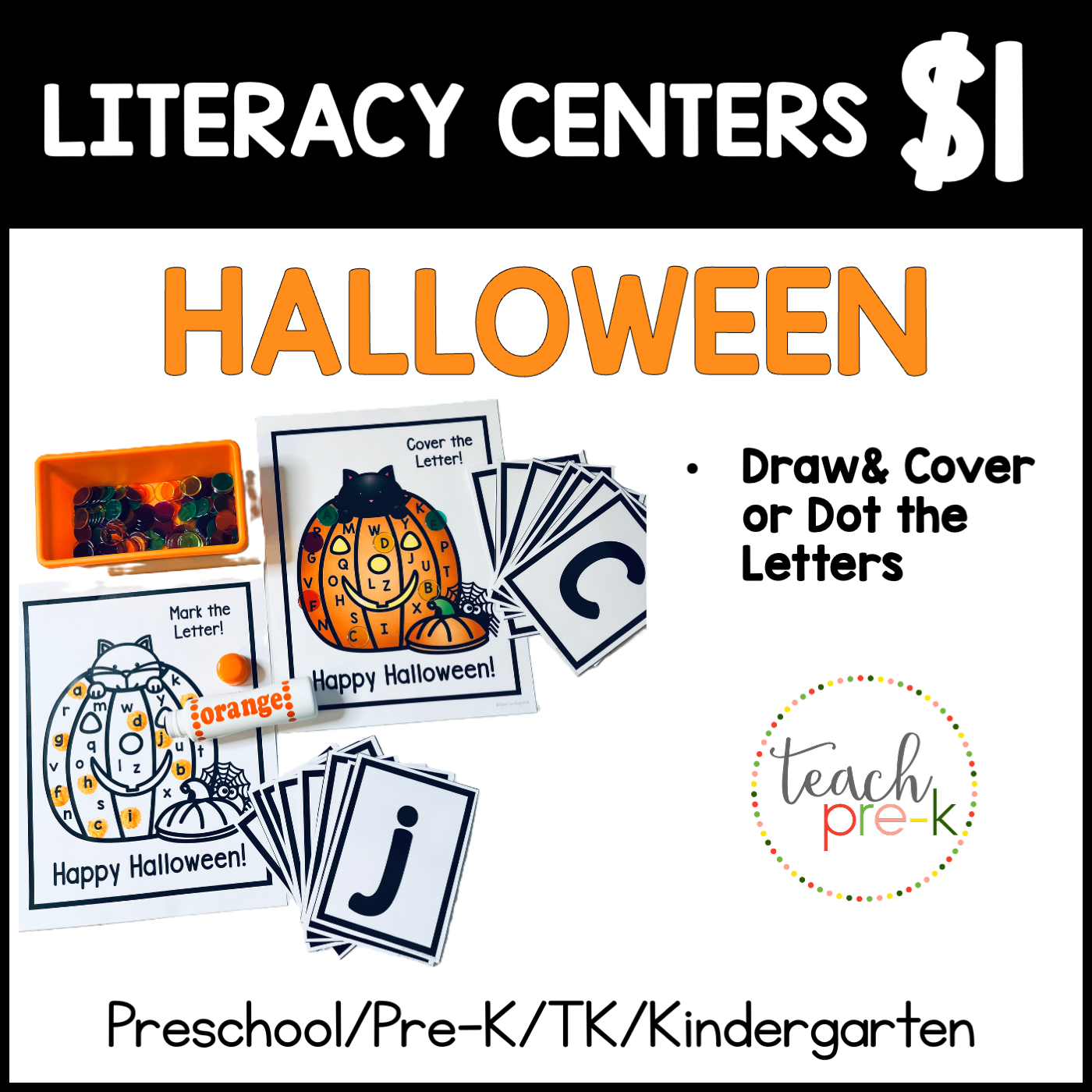 Halloween Literacy Centers/Draw & Cover or Dot the Letters