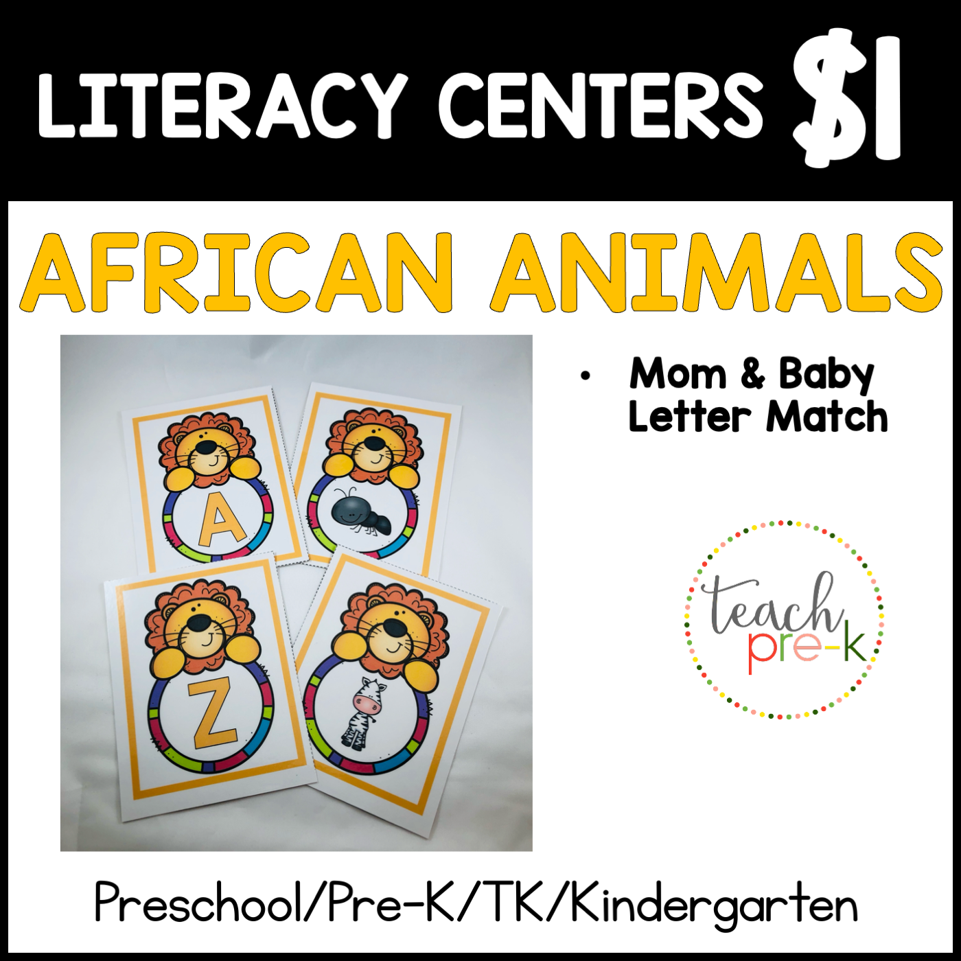 African Animals  Literacy Centers/Rhyme & Match Cards