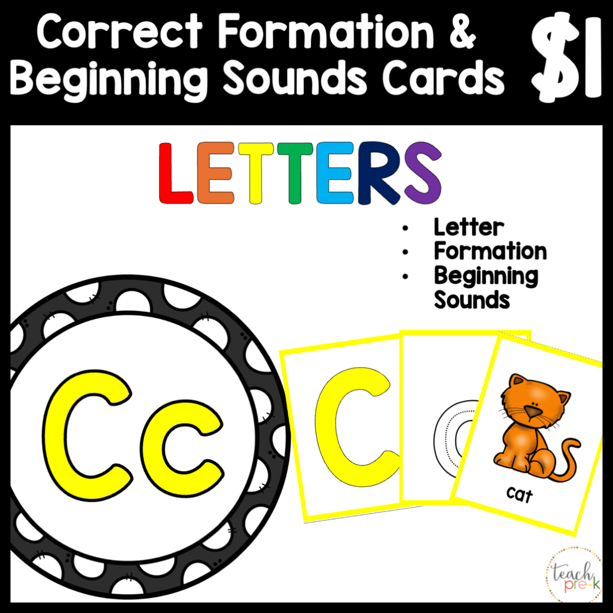 $1 Letters, Formation, & Beginning Sounds Cards-C