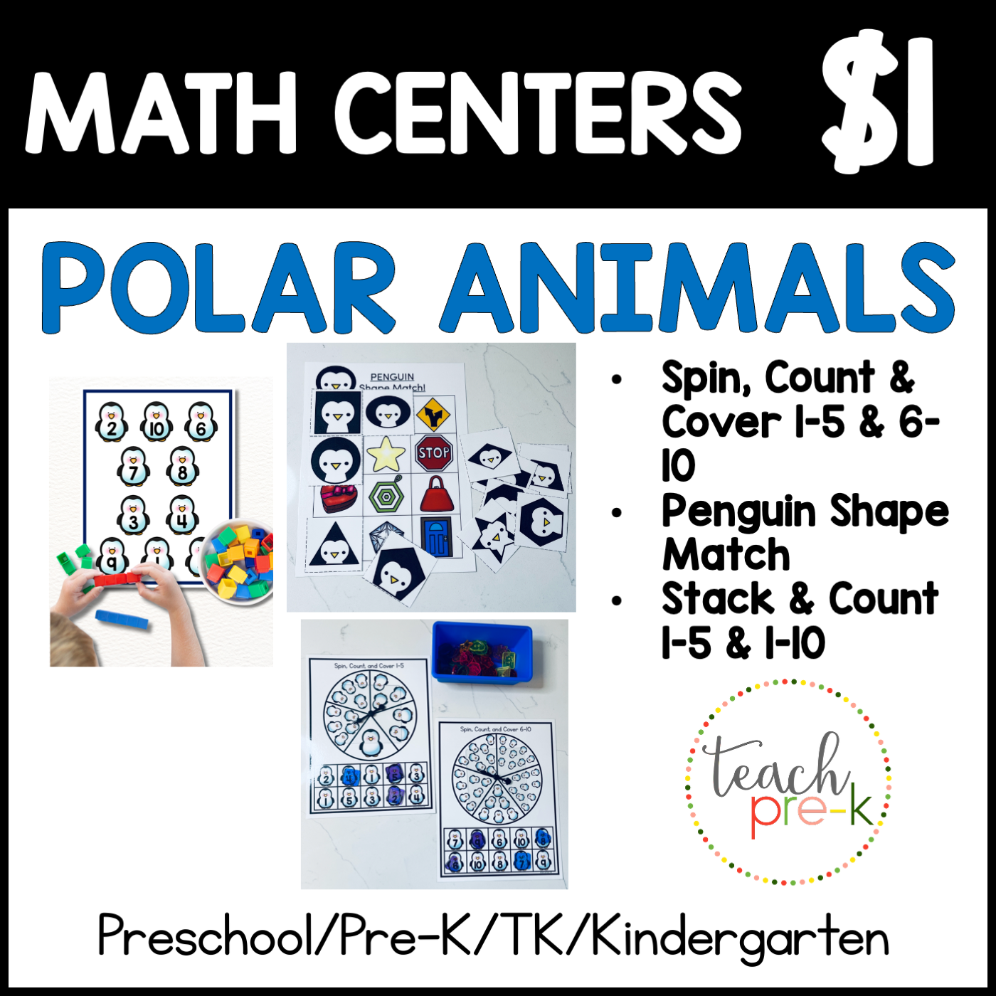 Polar Animals Math Centers/Penguin Shape Match Mats, Stack & Count, & Spin, Count & Cover