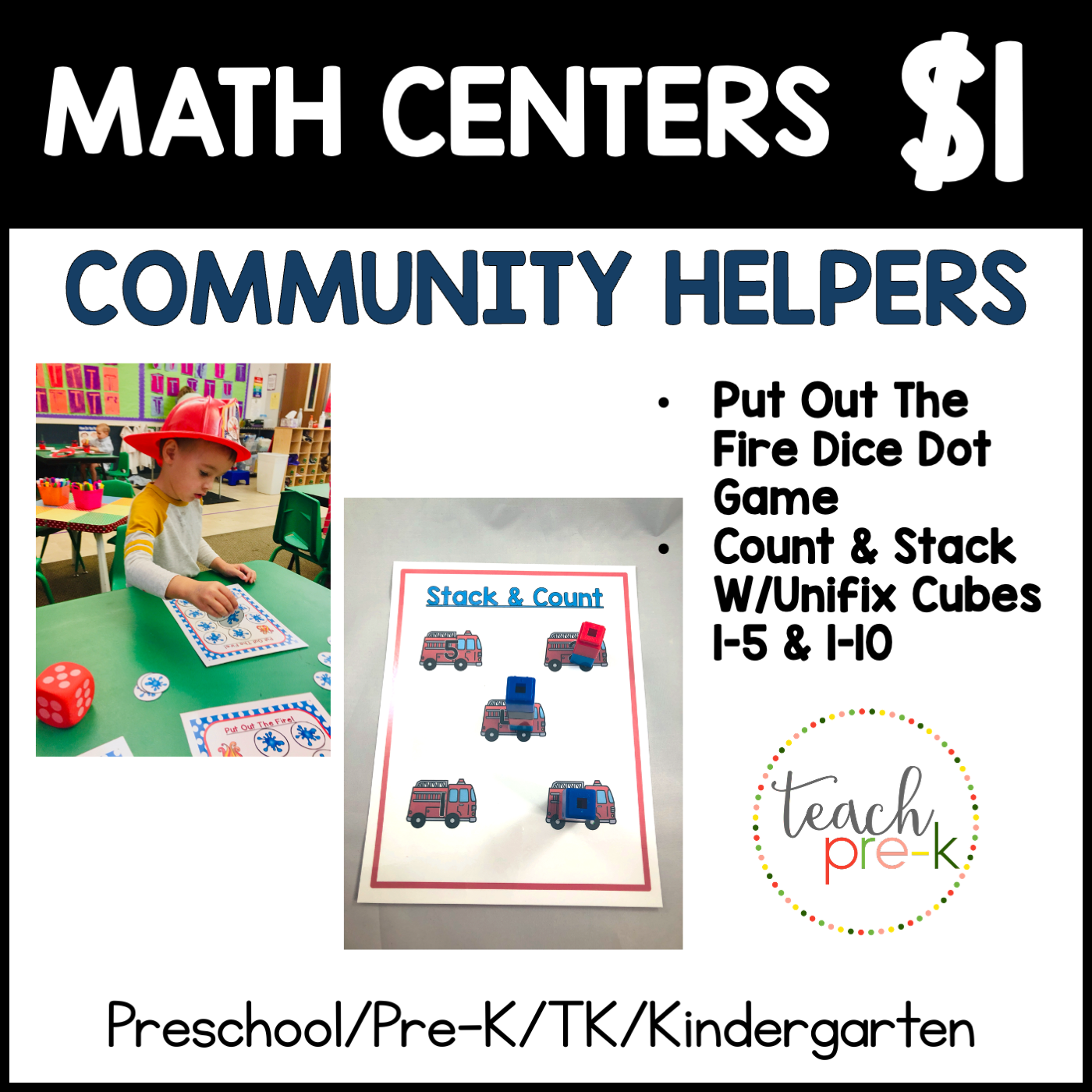 Community Helpers Math Centers/Put Out the Fire Game, &. Stack & Count on Firetrucks