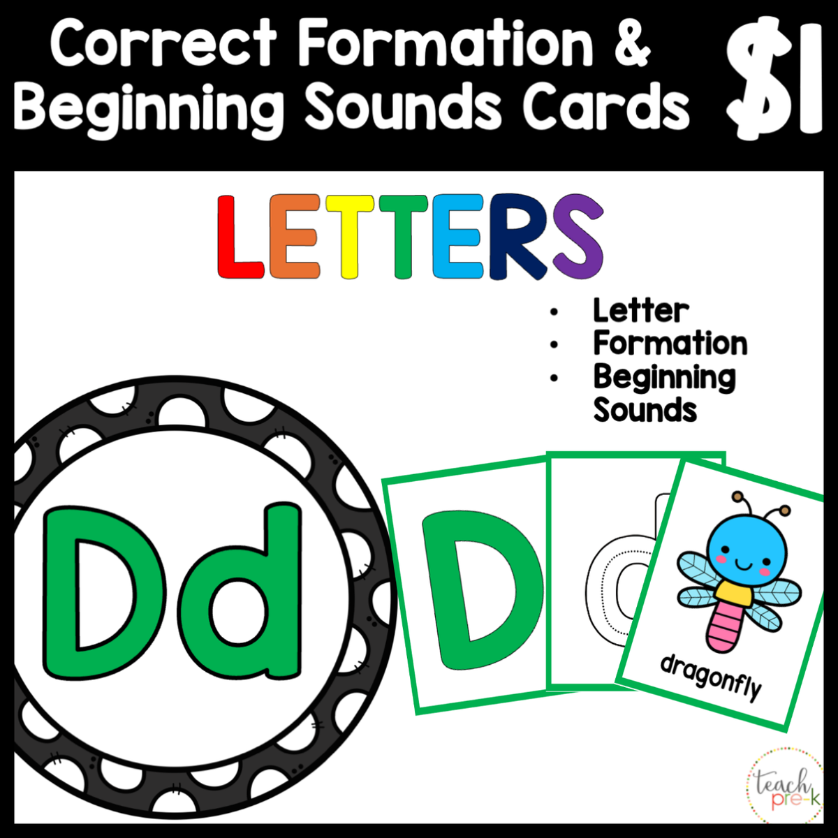$1 Letters, Formation, & Beginning Sounds Cards-D