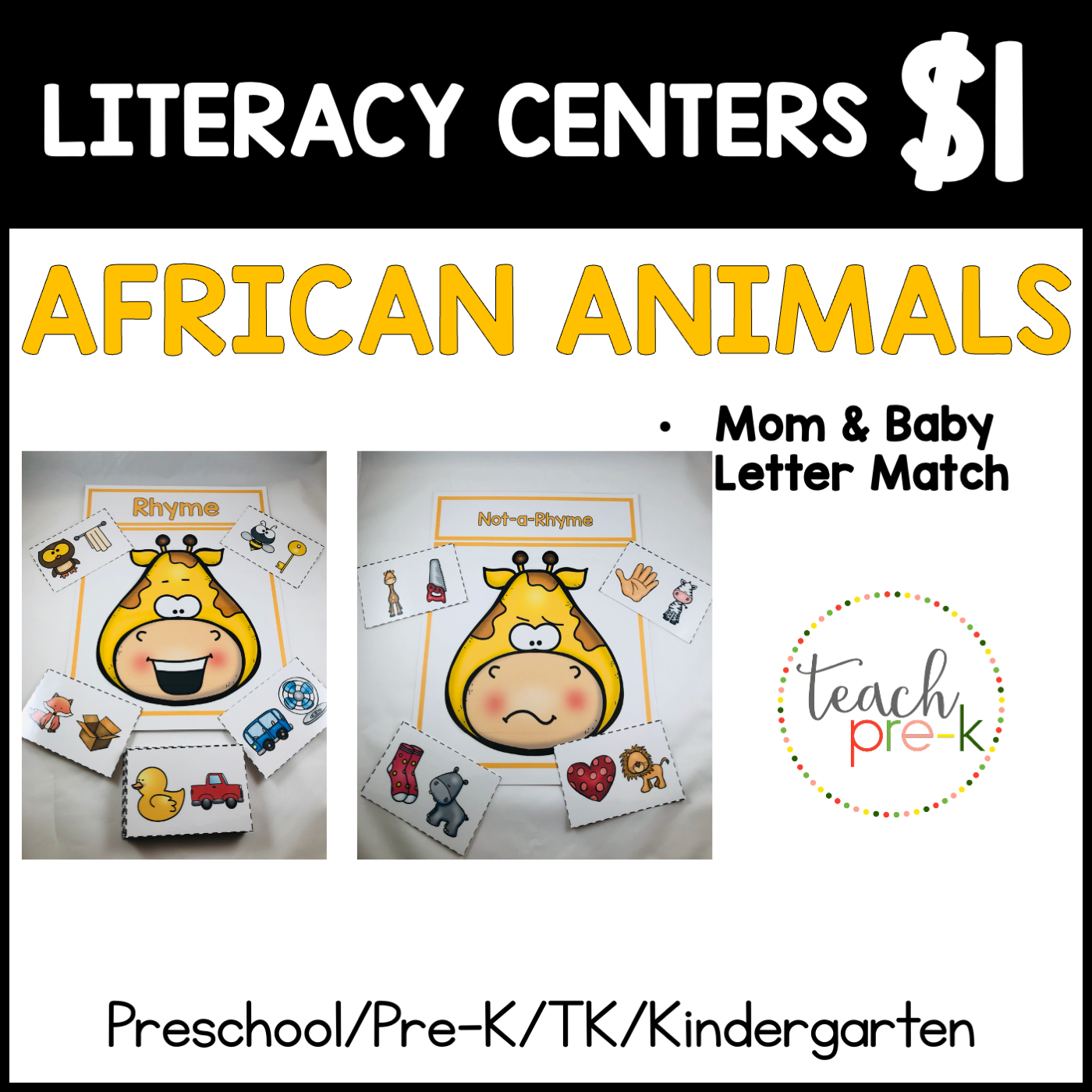 African Animals  Literacy Centers/Rhyming Pairs Sort