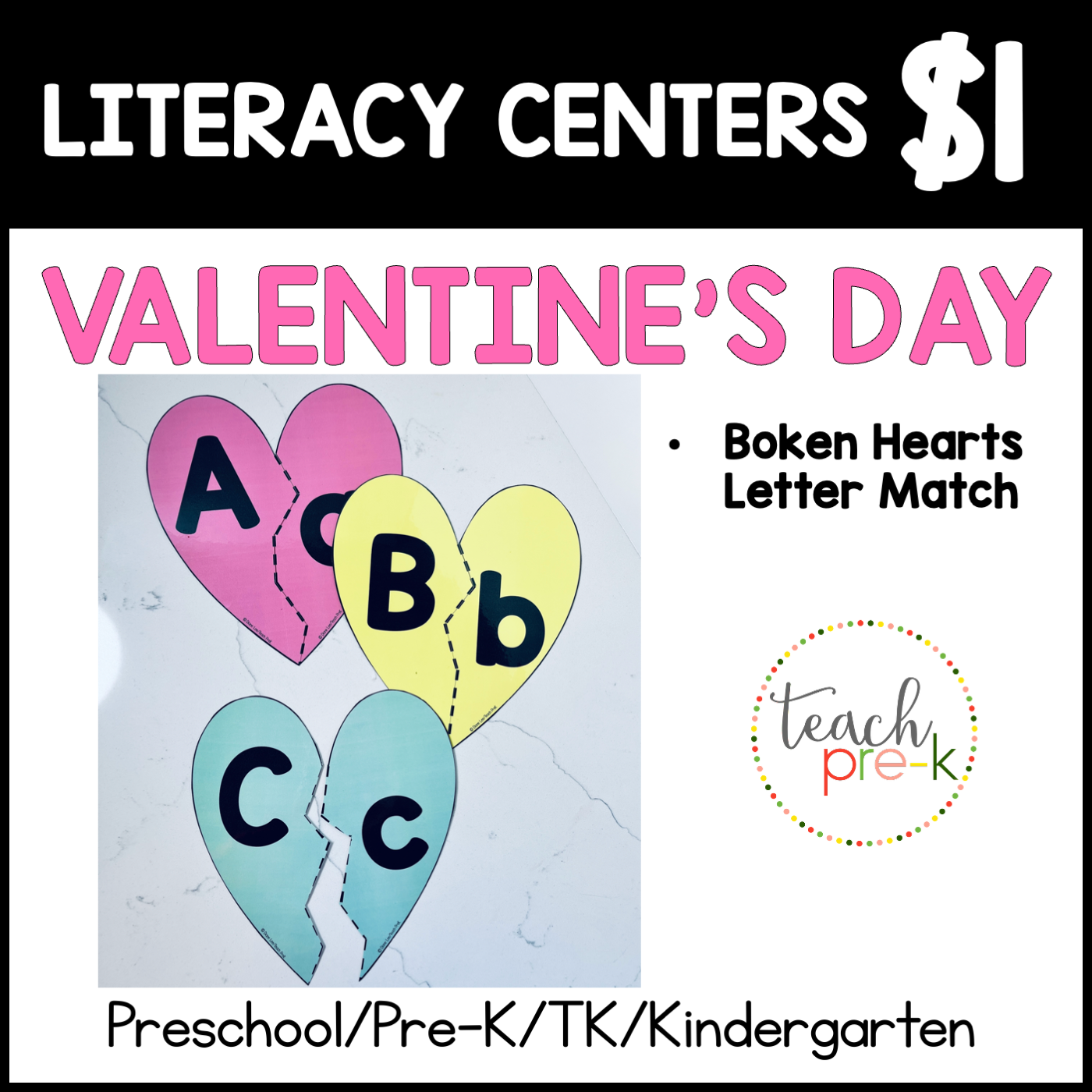 Valentine's Day Literacy Centers/Broken Hearts Letter Match