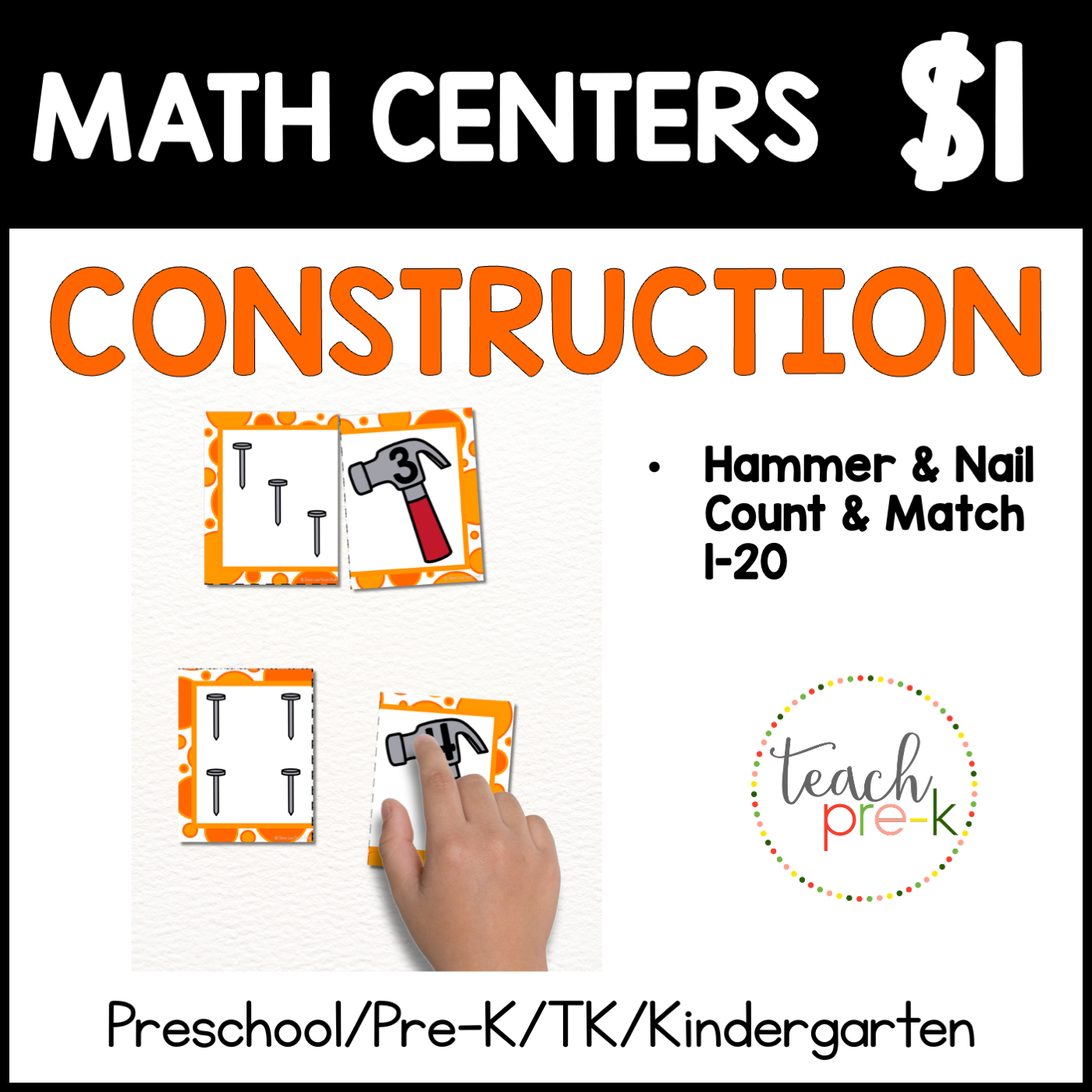 Construction Math Centers/Hammer & Nail Count & Match 0-20