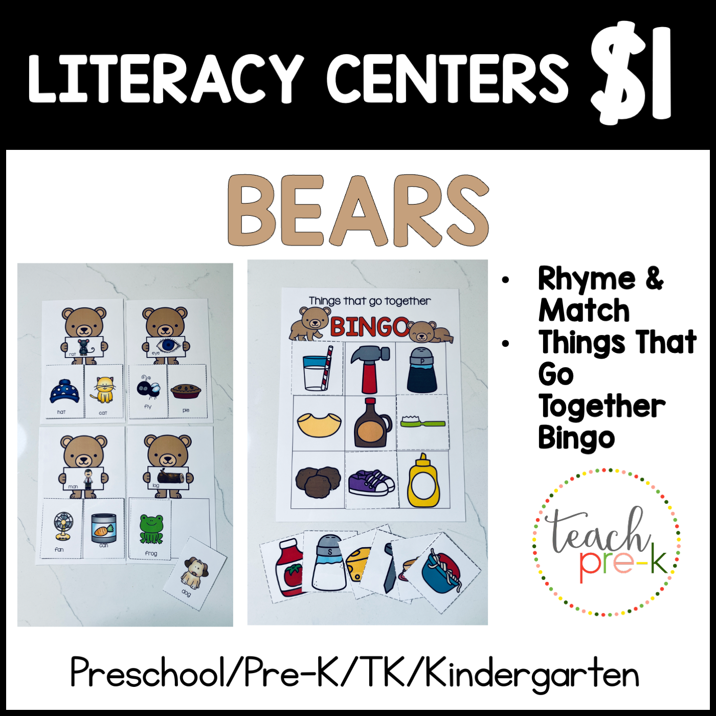 Bears Literacy Centers/Rhyme & Match Cards, Things That Go Together Bingo