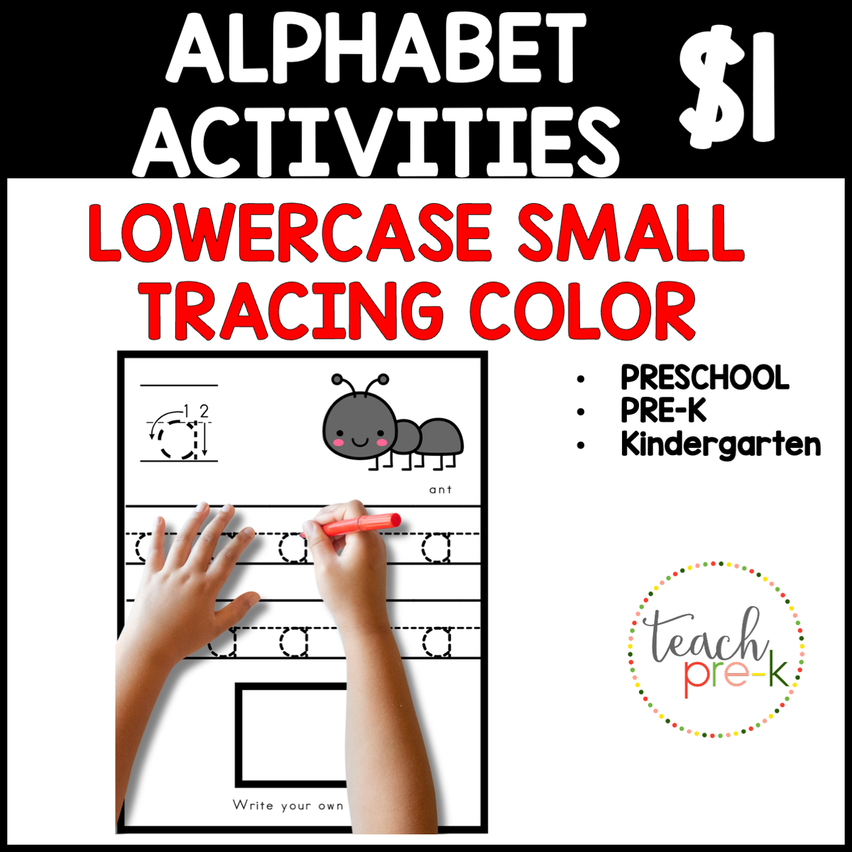 $1 Alphabet Activities: Small Letter Tracing Practice with Color Pictures-Lowercase